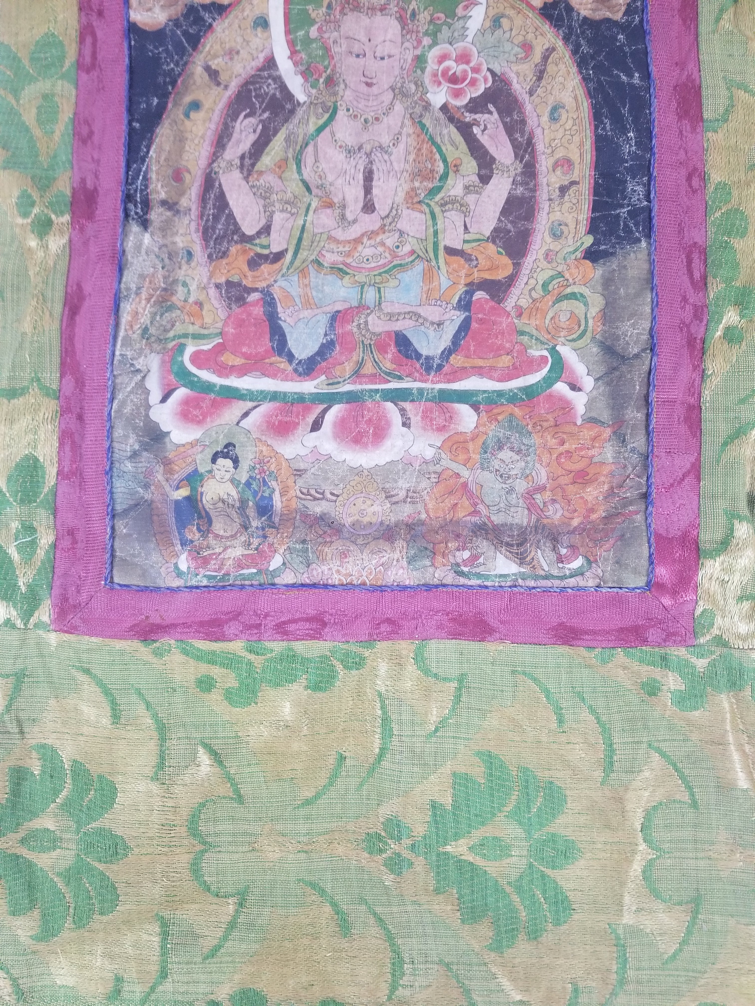 Antique Tibetan Buddhist Thangka Printed & Silk Brocade Wall Hanging 68x39cm