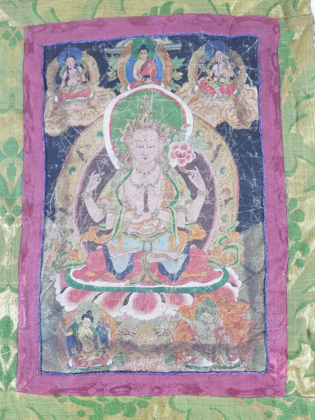 Antique Tibetan Buddhist Thangka Printed & Silk Brocade Wall Hanging 68x39cm