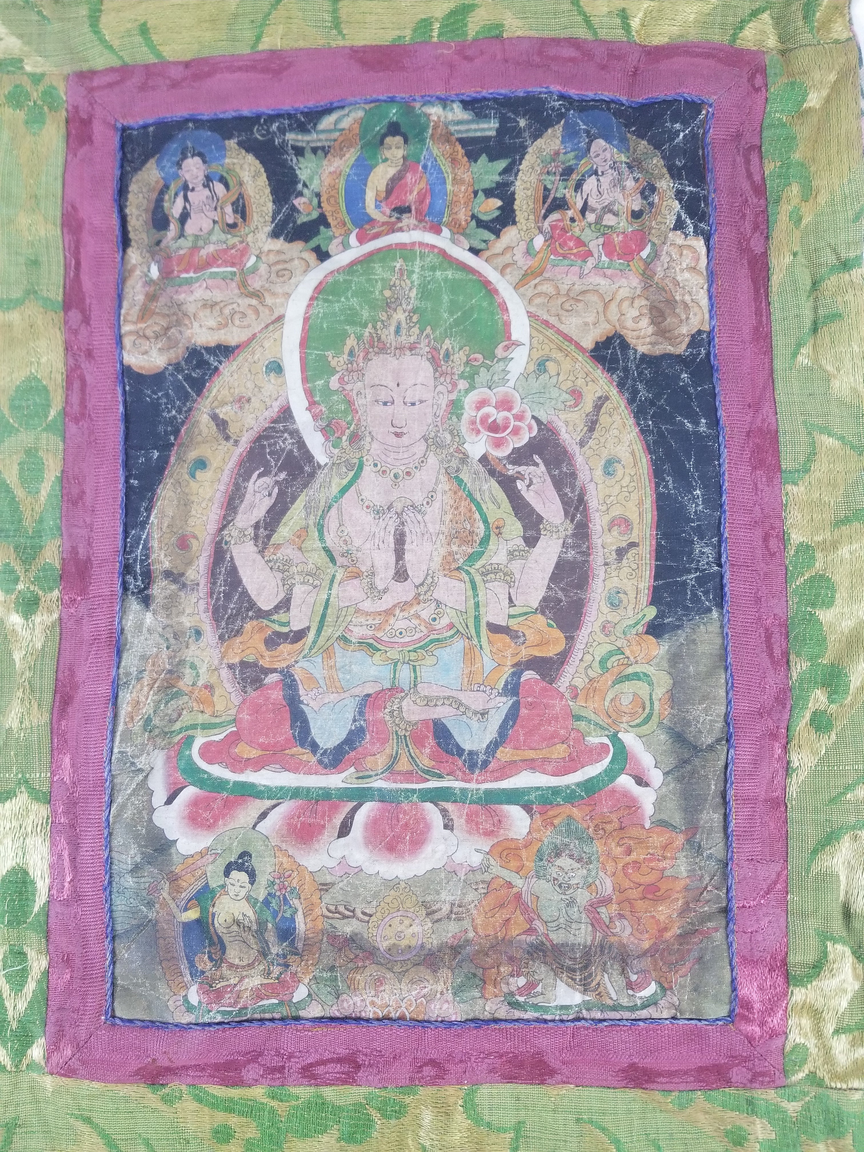 Antique Tibetan Buddhist Thangka Printed & Silk Brocade Wall Hanging 68x39cm