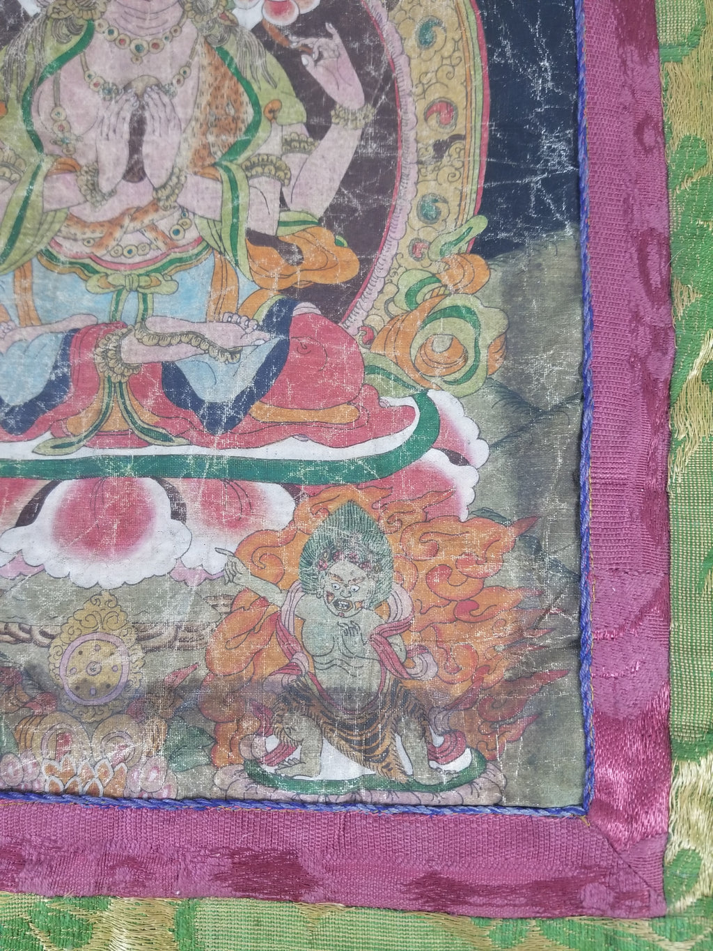 Antique Tibetan Buddhist Thangka Printed & Silk Brocade Wall Hanging 68x39cm