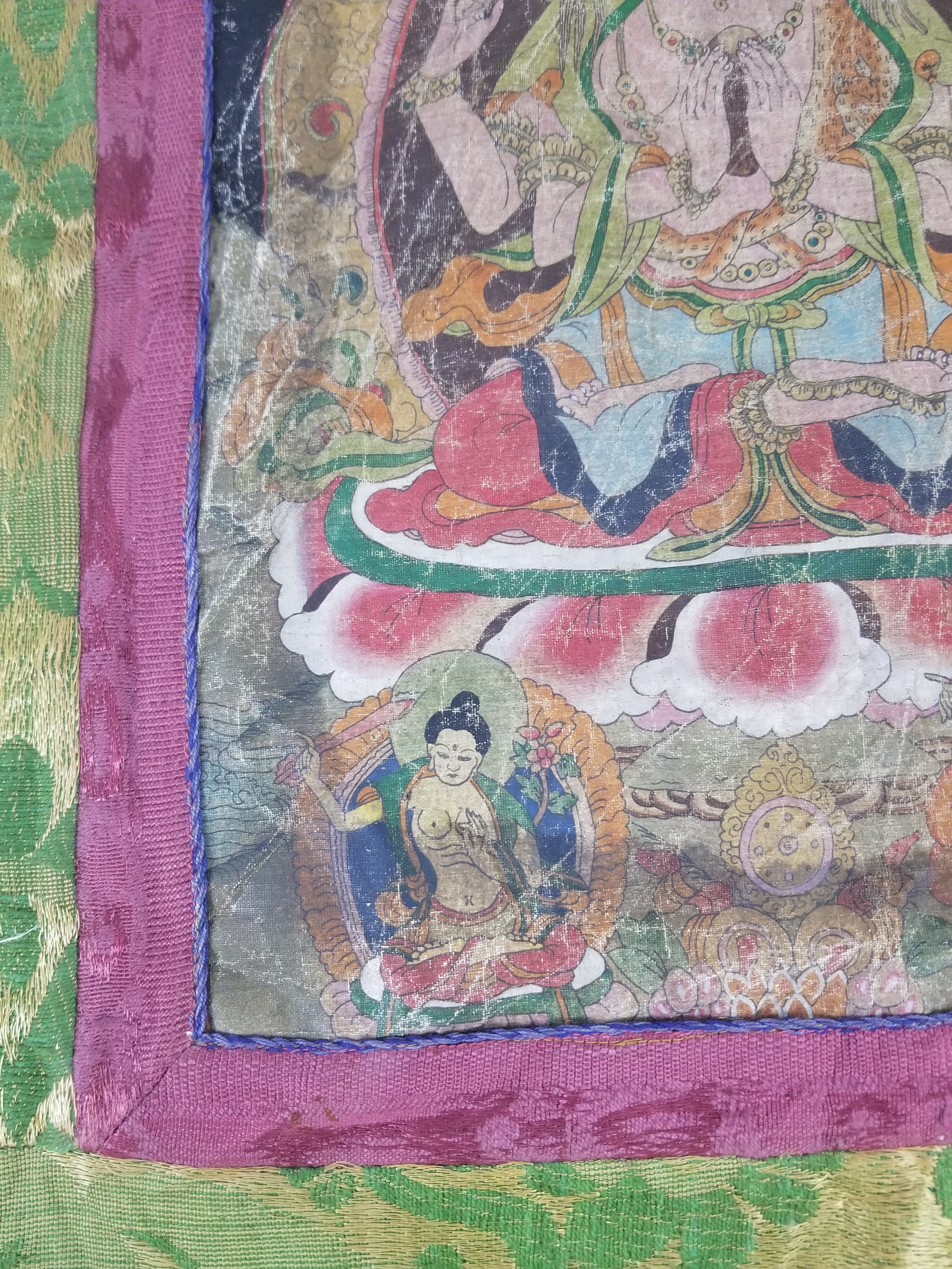 Antique Tibetan Buddhist Thangka Printed & Silk Brocade Wall Hanging 68x39cm