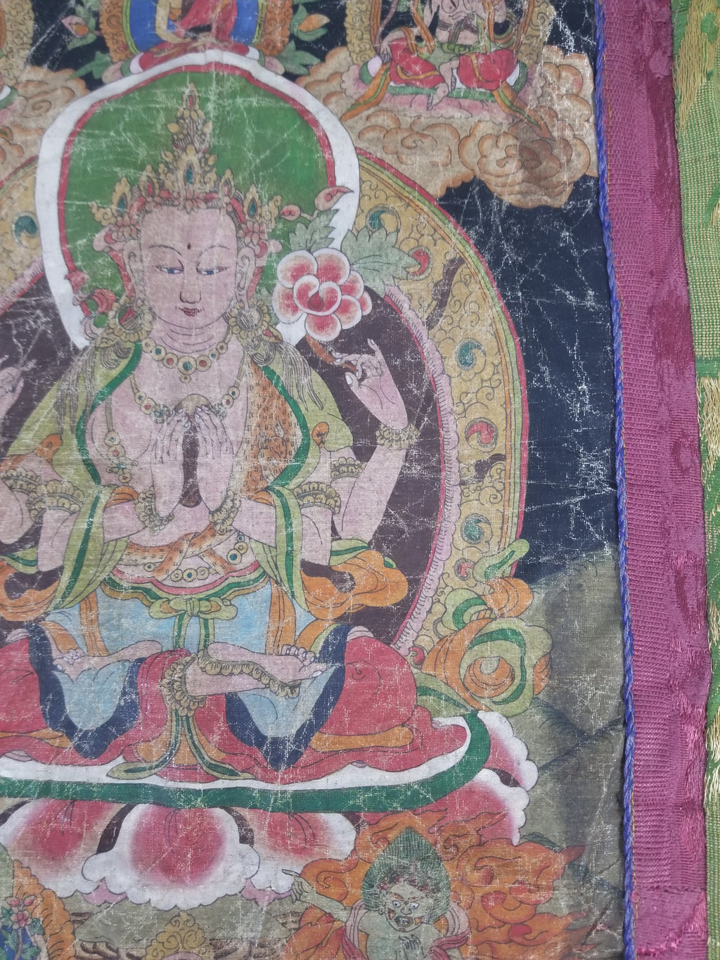 Antique Tibetan Buddhist Thangka Printed & Silk Brocade Wall Hanging 68x39cm