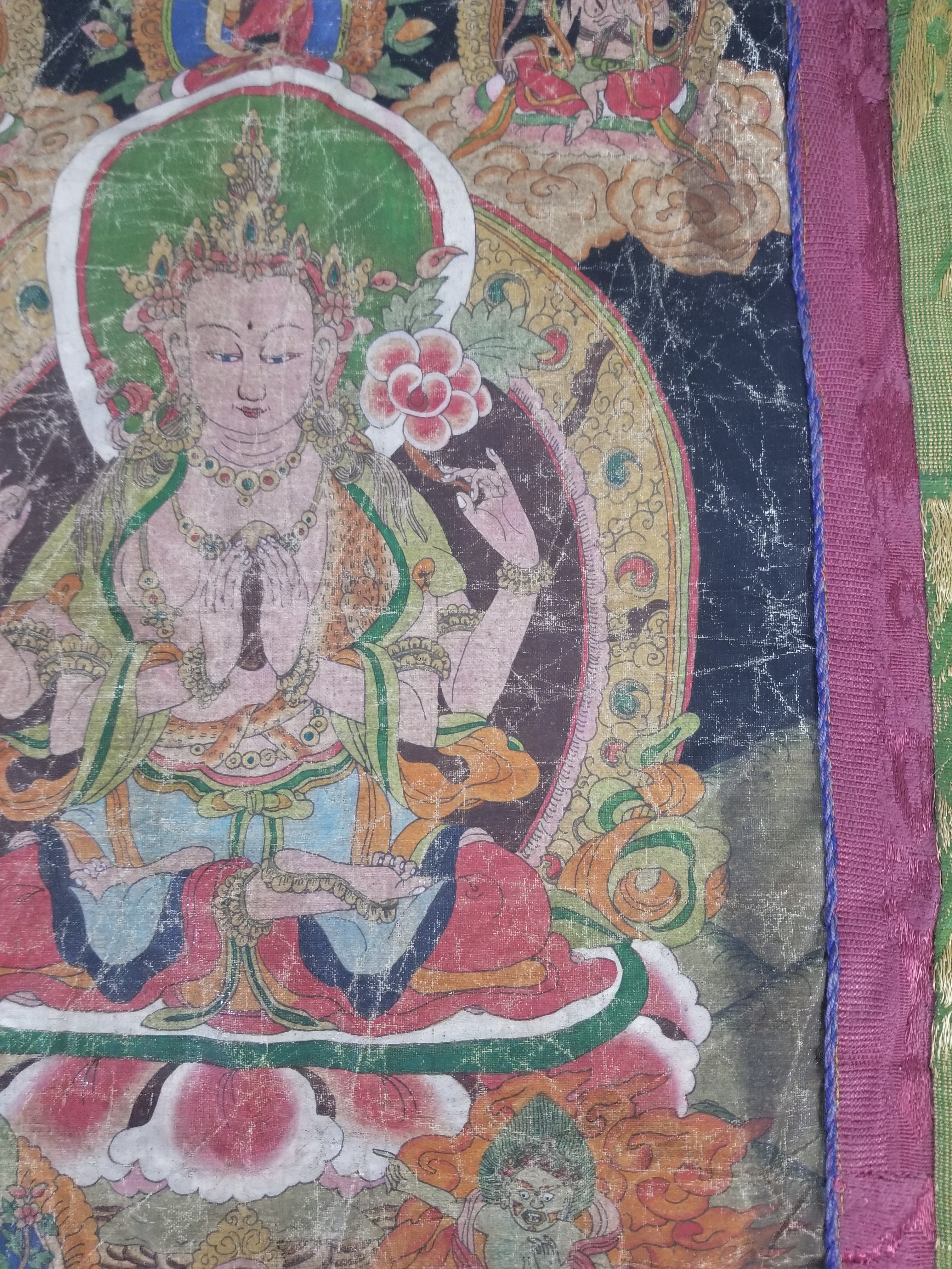 Antique Tibetan Buddhist Thangka Printed & Silk Brocade Wall Hanging 68x39cm