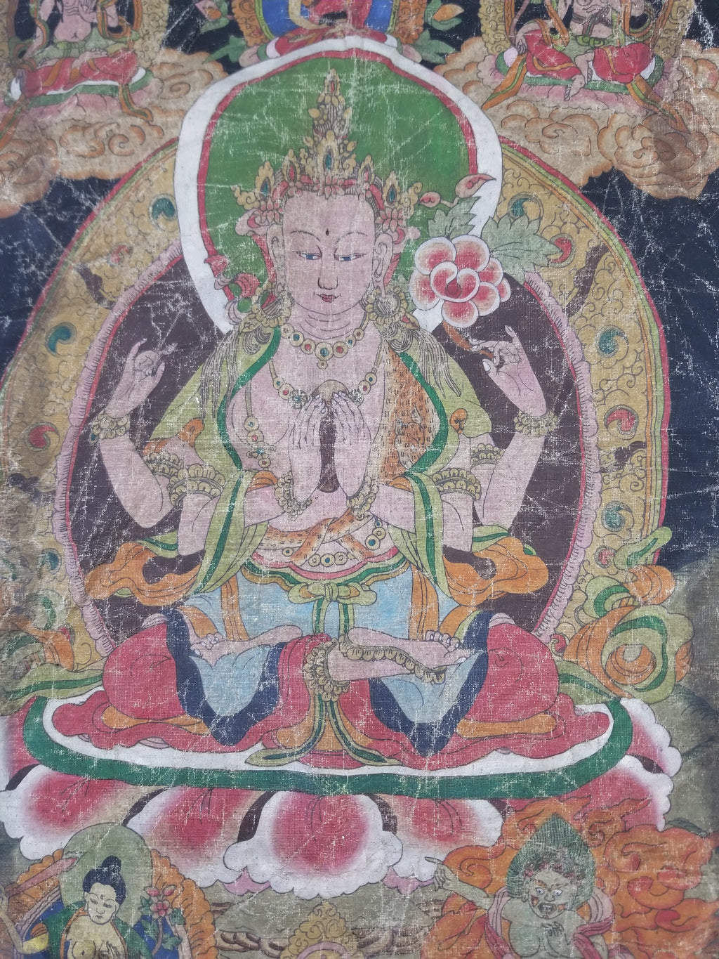 Antique Tibetan Buddhist Thangka Printed & Silk Brocade Wall Hanging 68x39cm