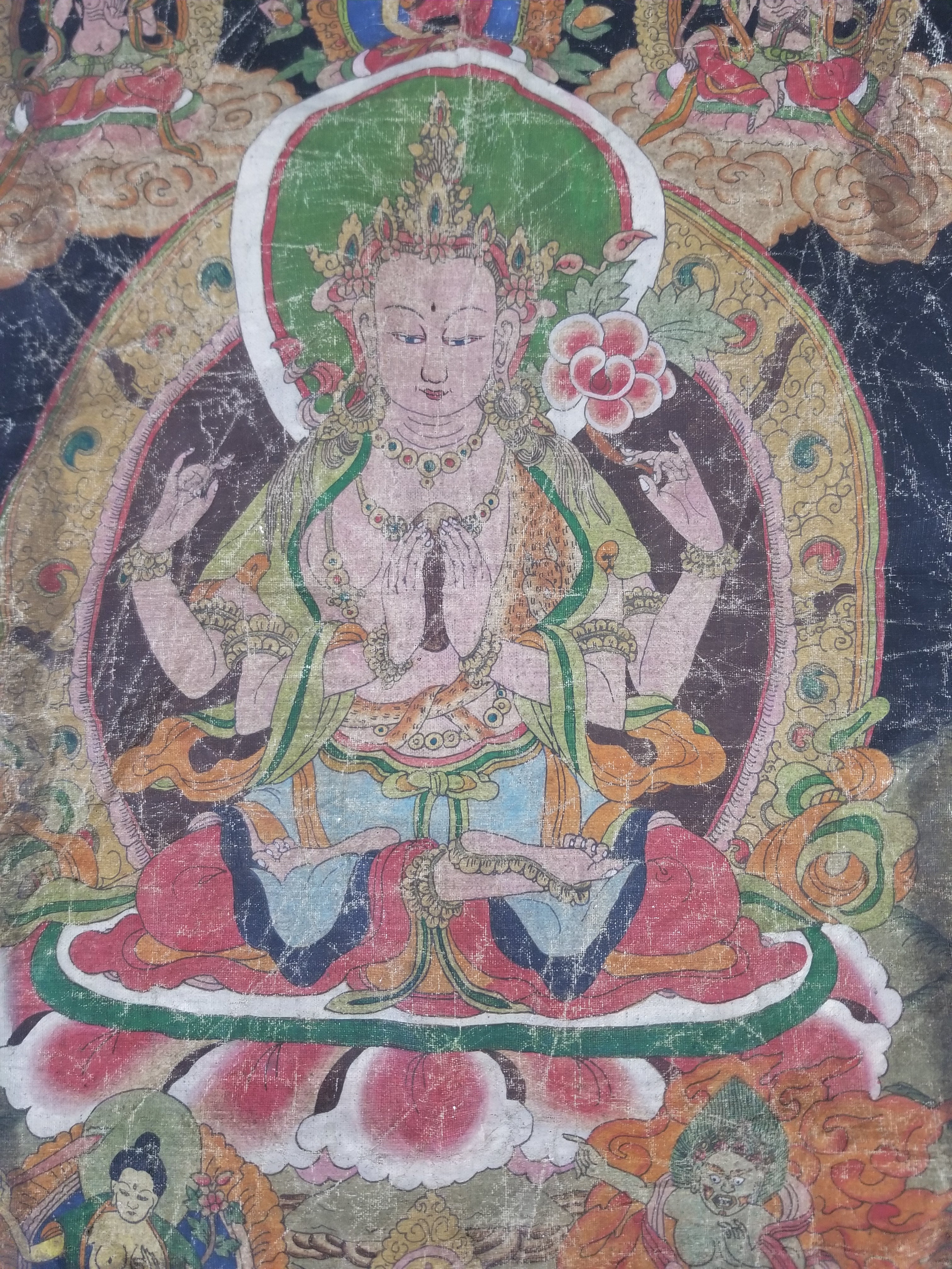 Antique Tibetan Buddhist Thangka Printed & Silk Brocade Wall Hanging 68x39cm