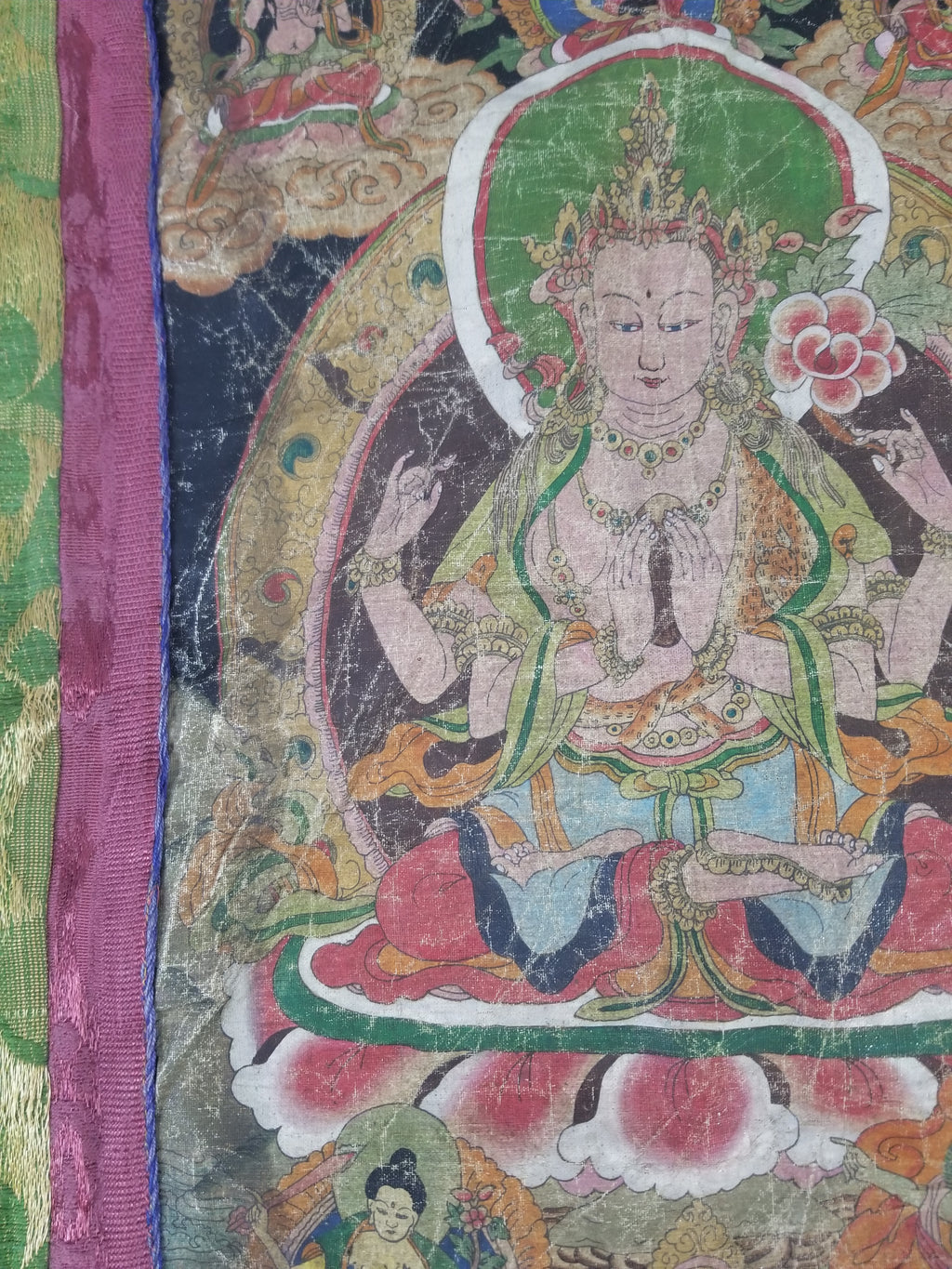 Antique Tibetan Buddhist Thangka Printed & Silk Brocade Wall Hanging 68x39cm