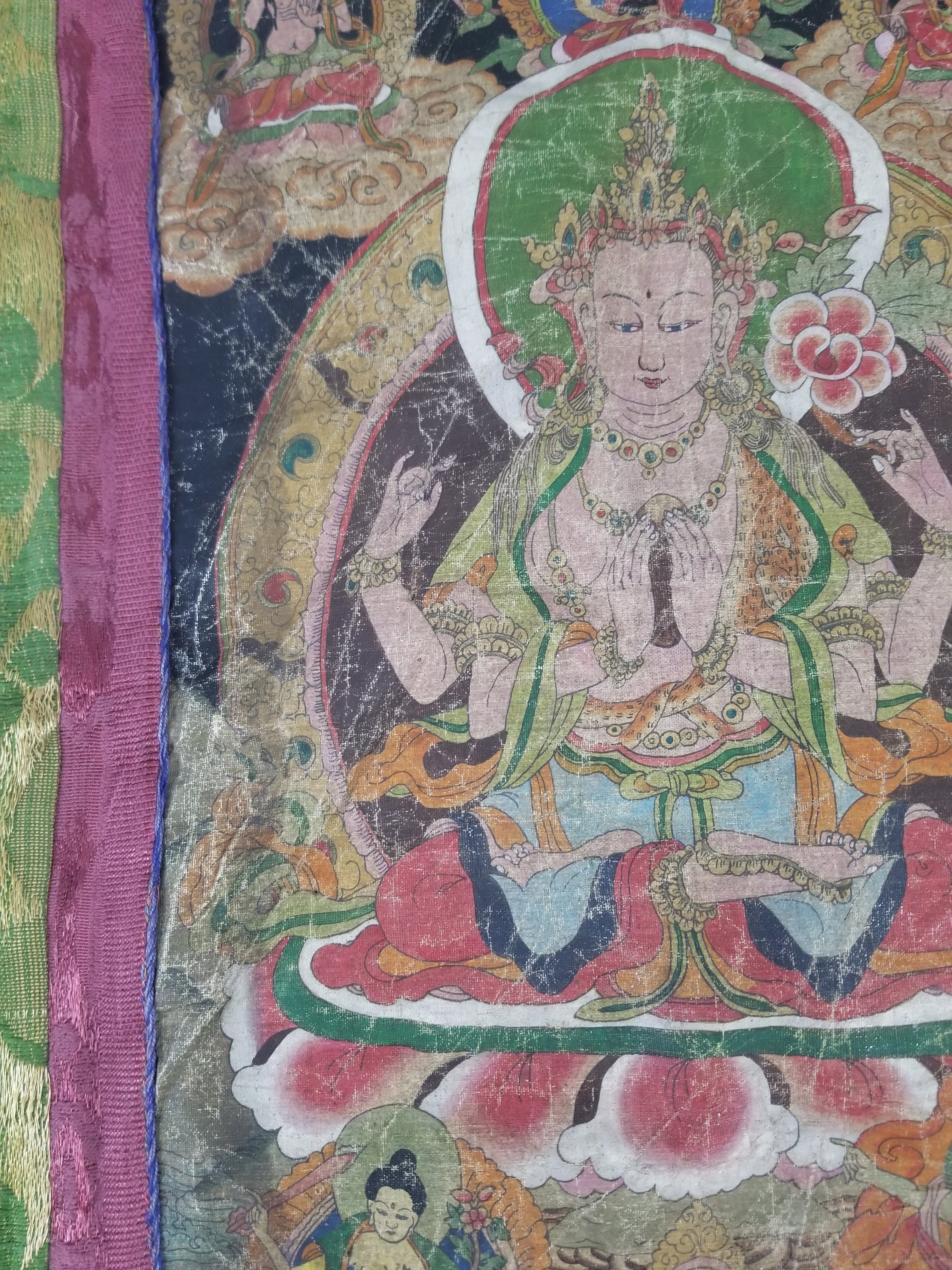 Antique Tibetan Buddhist Thangka Printed & Silk Brocade Wall Hanging 68x39cm