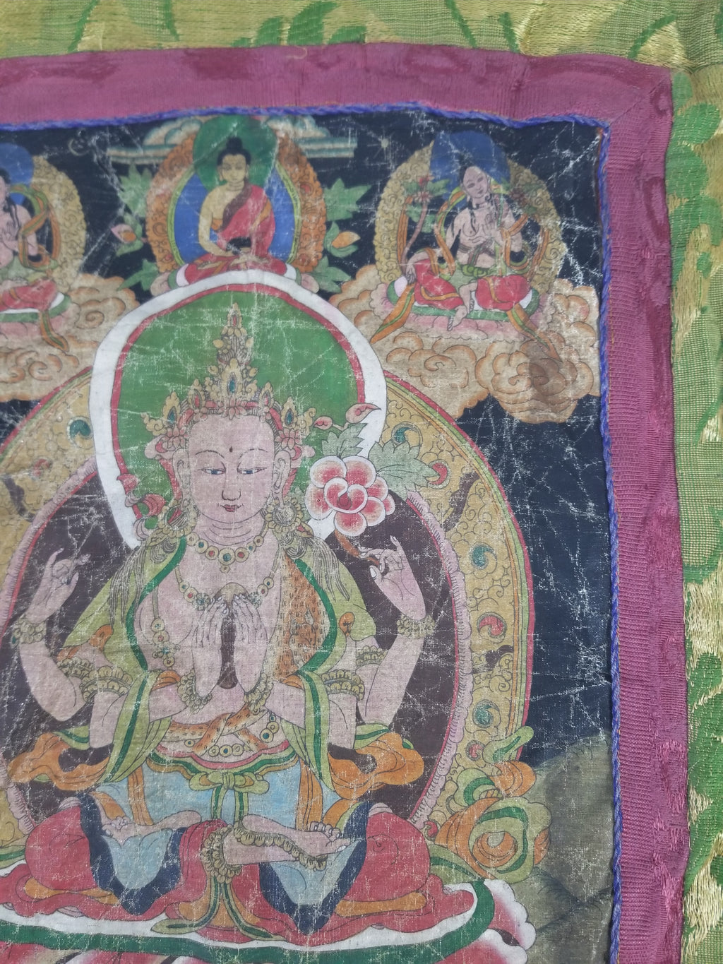 Antique Tibetan Buddhist Thangka Printed & Silk Brocade Wall Hanging 68x39cm