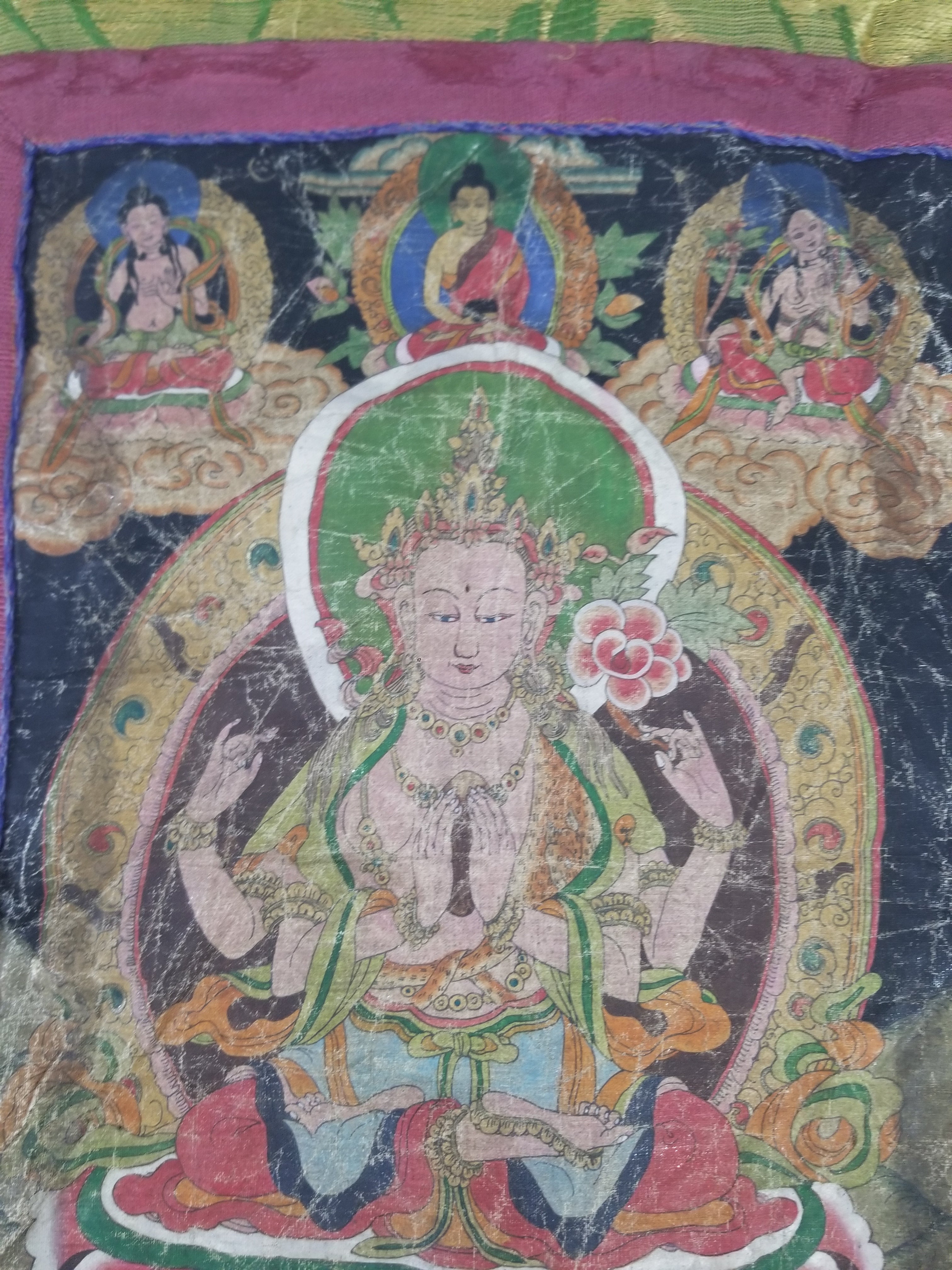 Antique Tibetan Buddhist Thangka Printed & Silk Brocade Wall Hanging 68x39cm