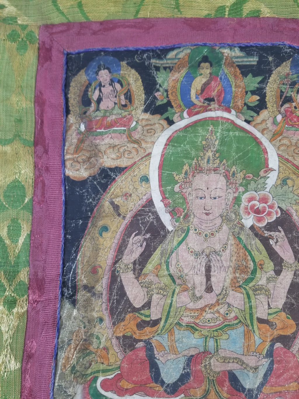 Antique Tibetan Buddhist Thangka Printed & Silk Brocade Wall Hanging 68x39cm