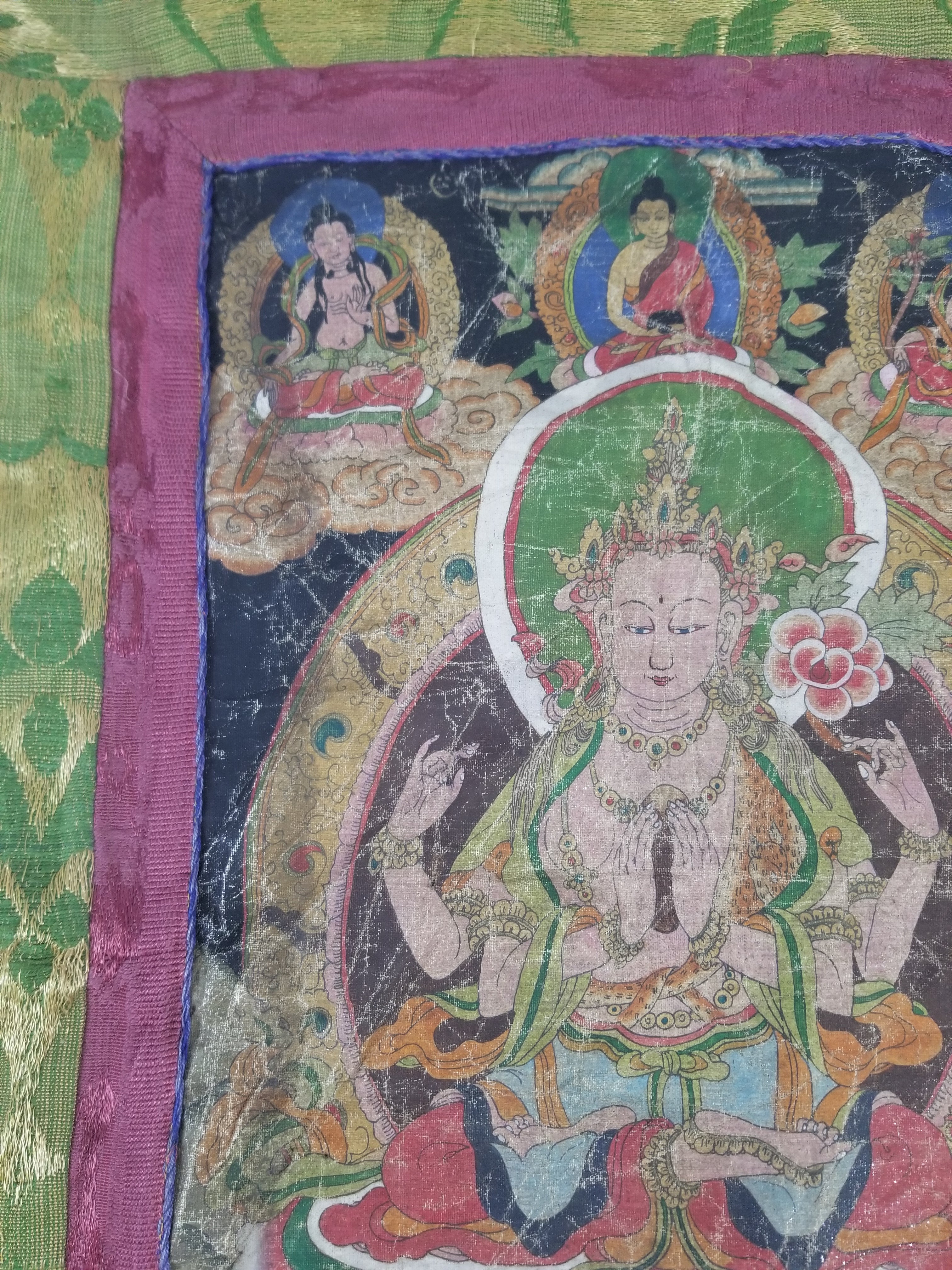 Antique Tibetan Buddhist Thangka Printed & Silk Brocade Wall Hanging 68x39cm
