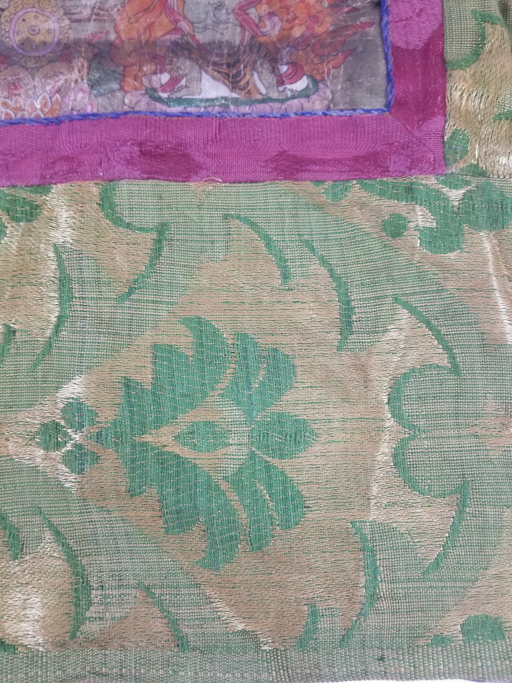 Antique Tibetan Buddhist Thangka Printed & Silk Brocade Wall Hanging 68x39cm