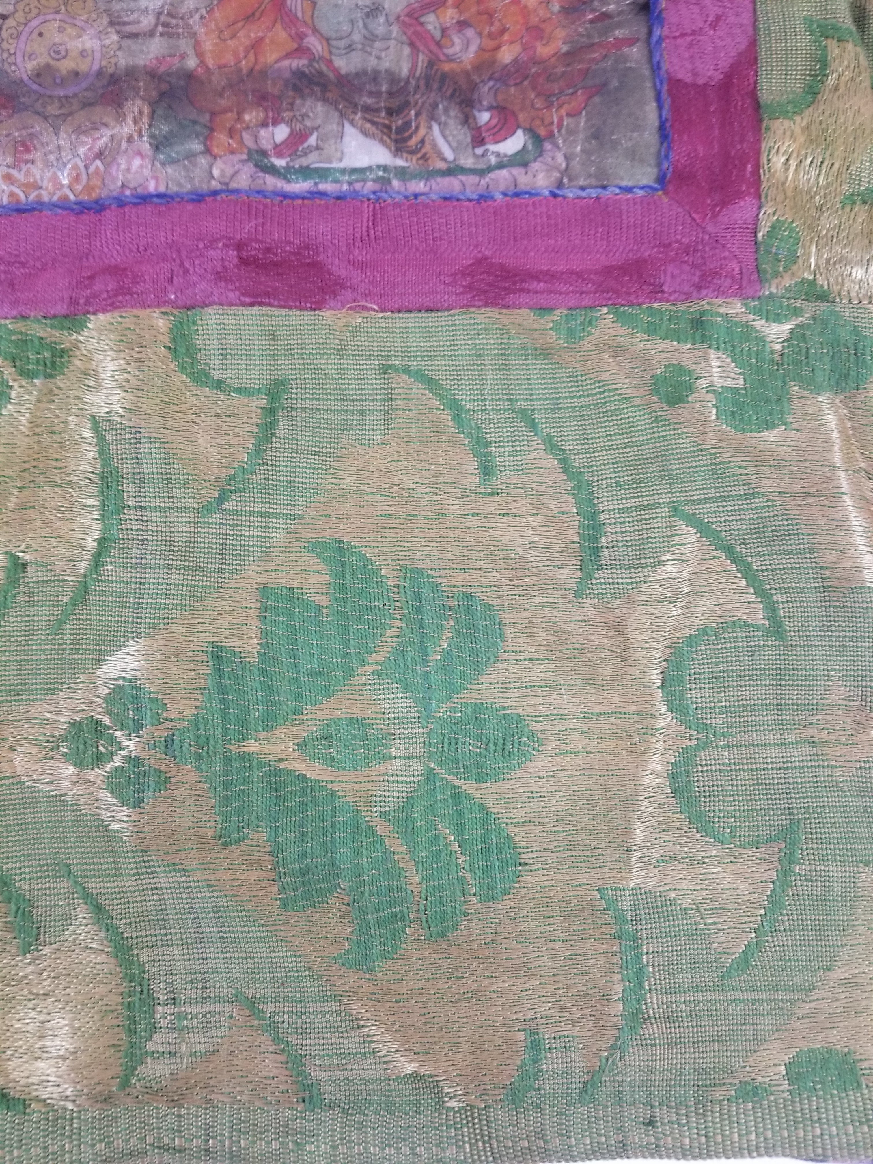 Antique Tibetan Buddhist Thangka Printed & Silk Brocade Wall Hanging 68x39cm