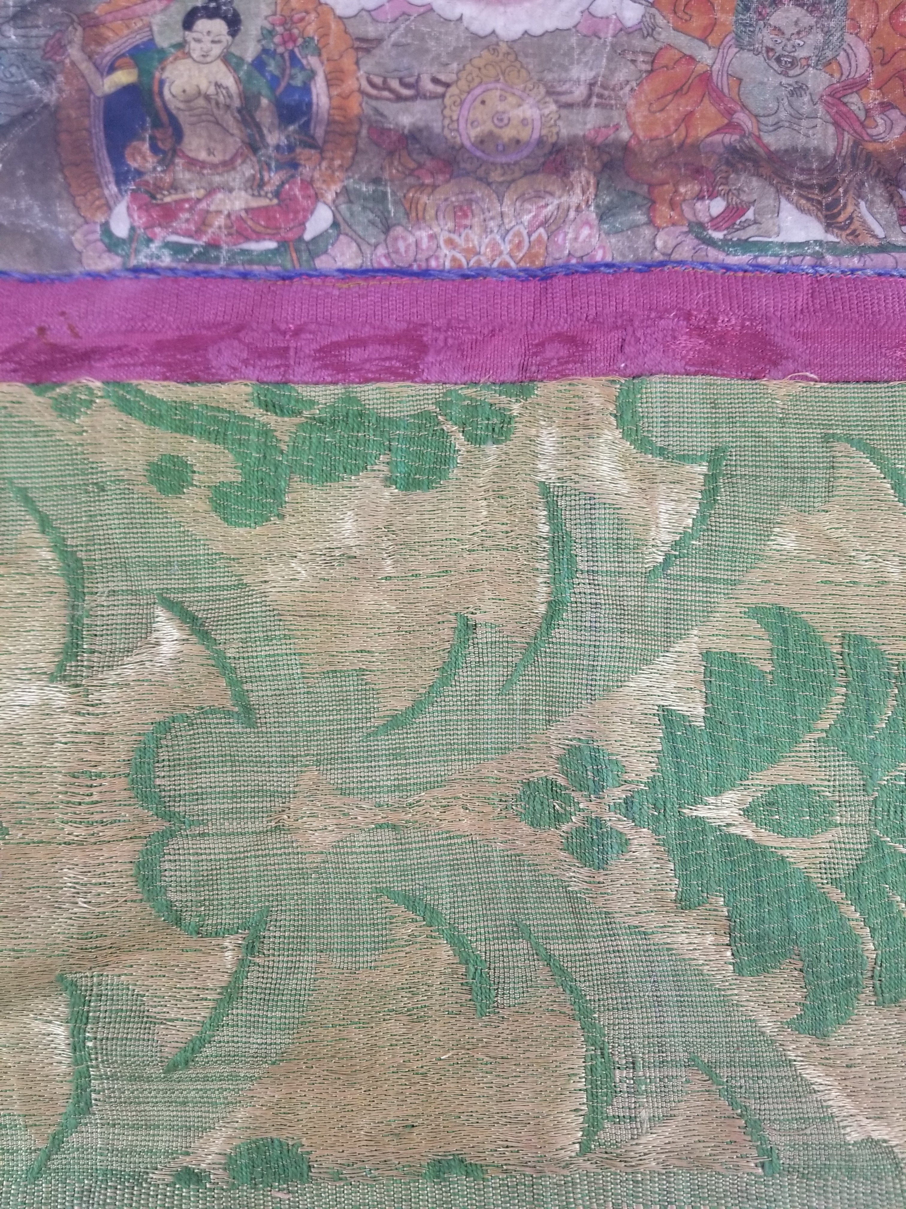 Antique Tibetan Buddhist Thangka Printed & Silk Brocade Wall Hanging 68x39cm