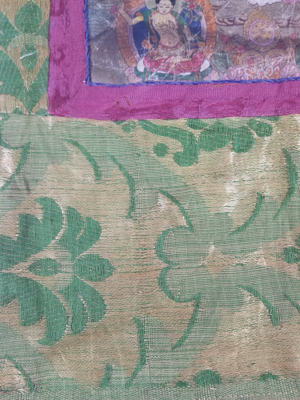 Antique Tibetan Buddhist Thangka Printed & Silk Brocade Wall Hanging 68x39cm