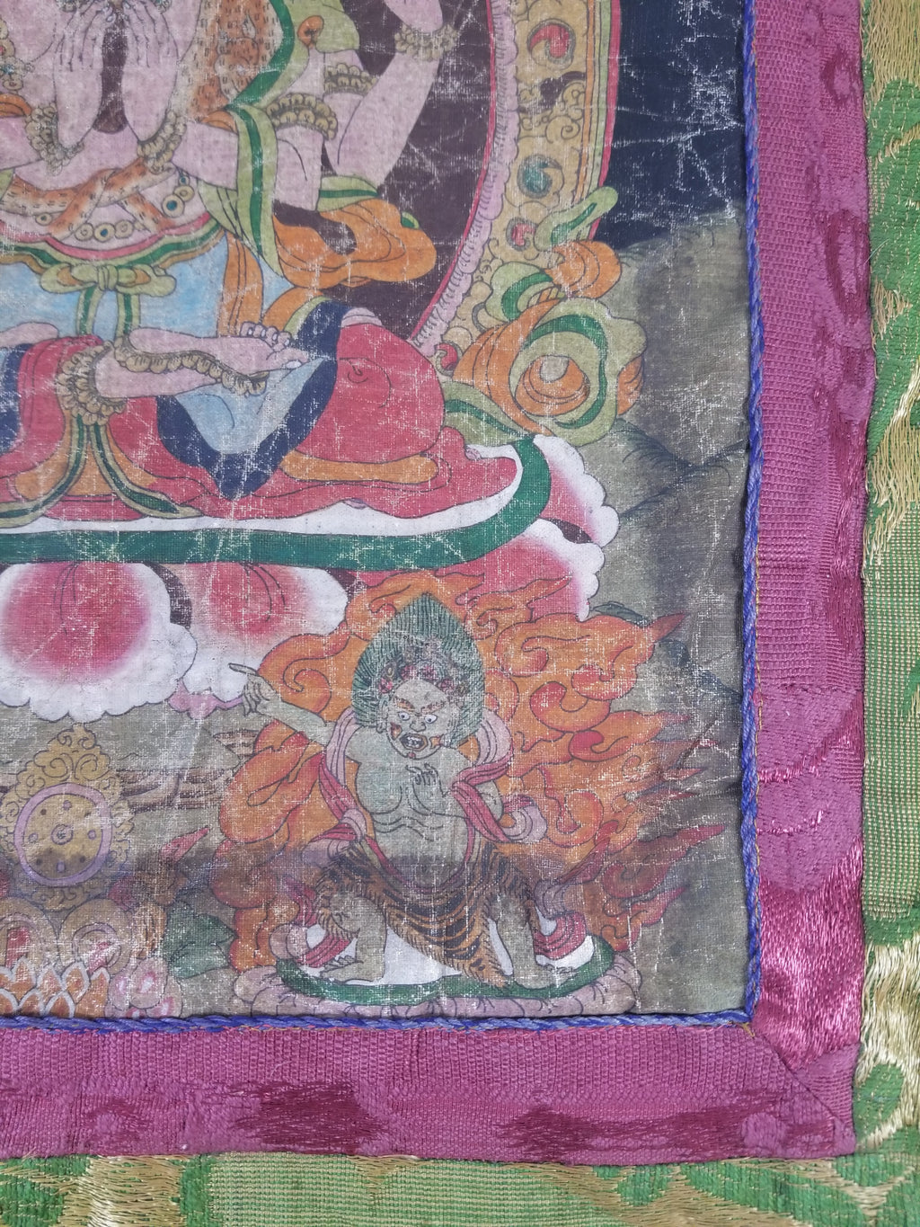 Antique Tibetan Buddhist Thangka Printed & Silk Brocade Wall Hanging 68x39cm