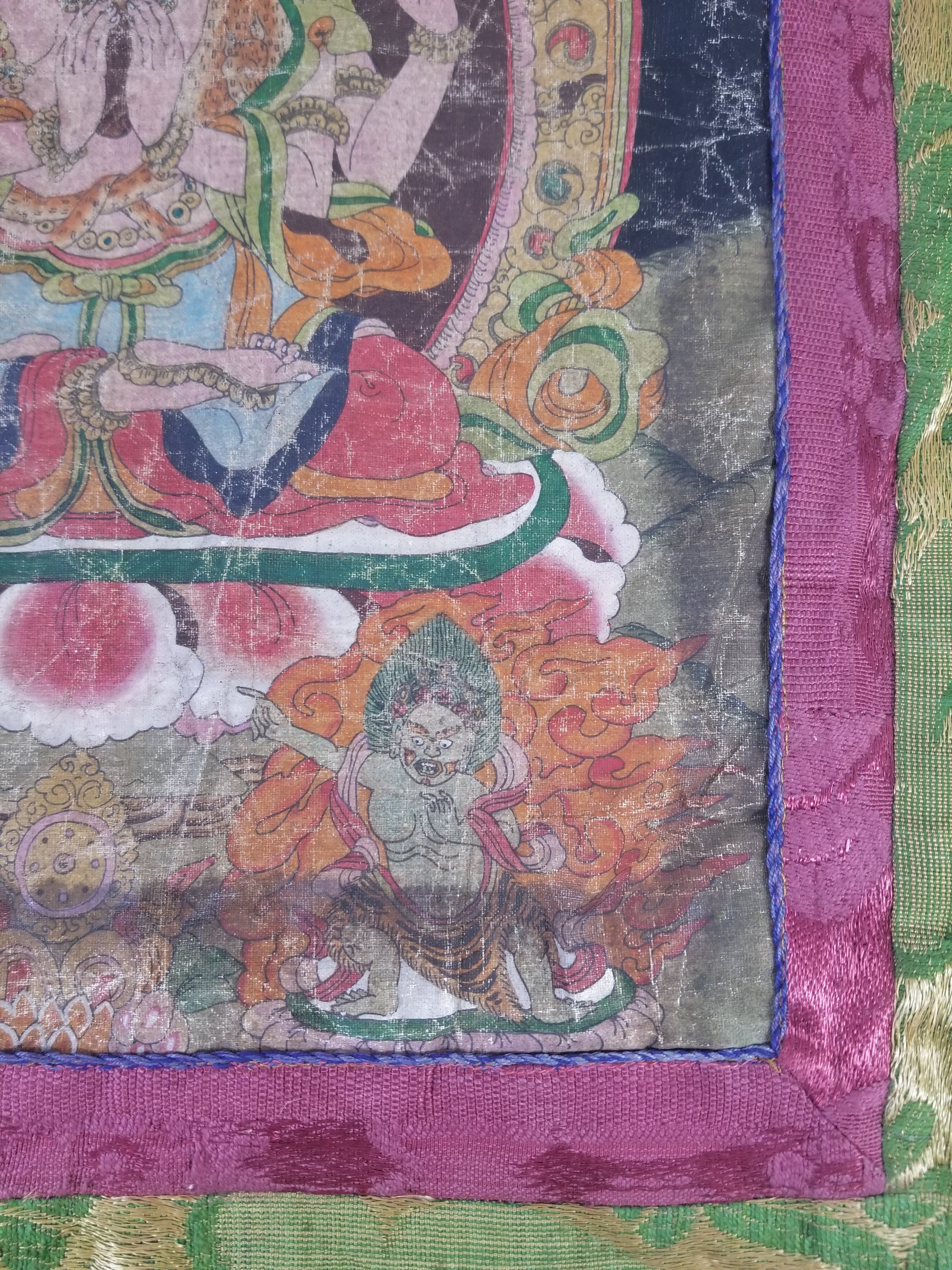 Antique Tibetan Buddhist Thangka Printed & Silk Brocade Wall Hanging 68x39cm