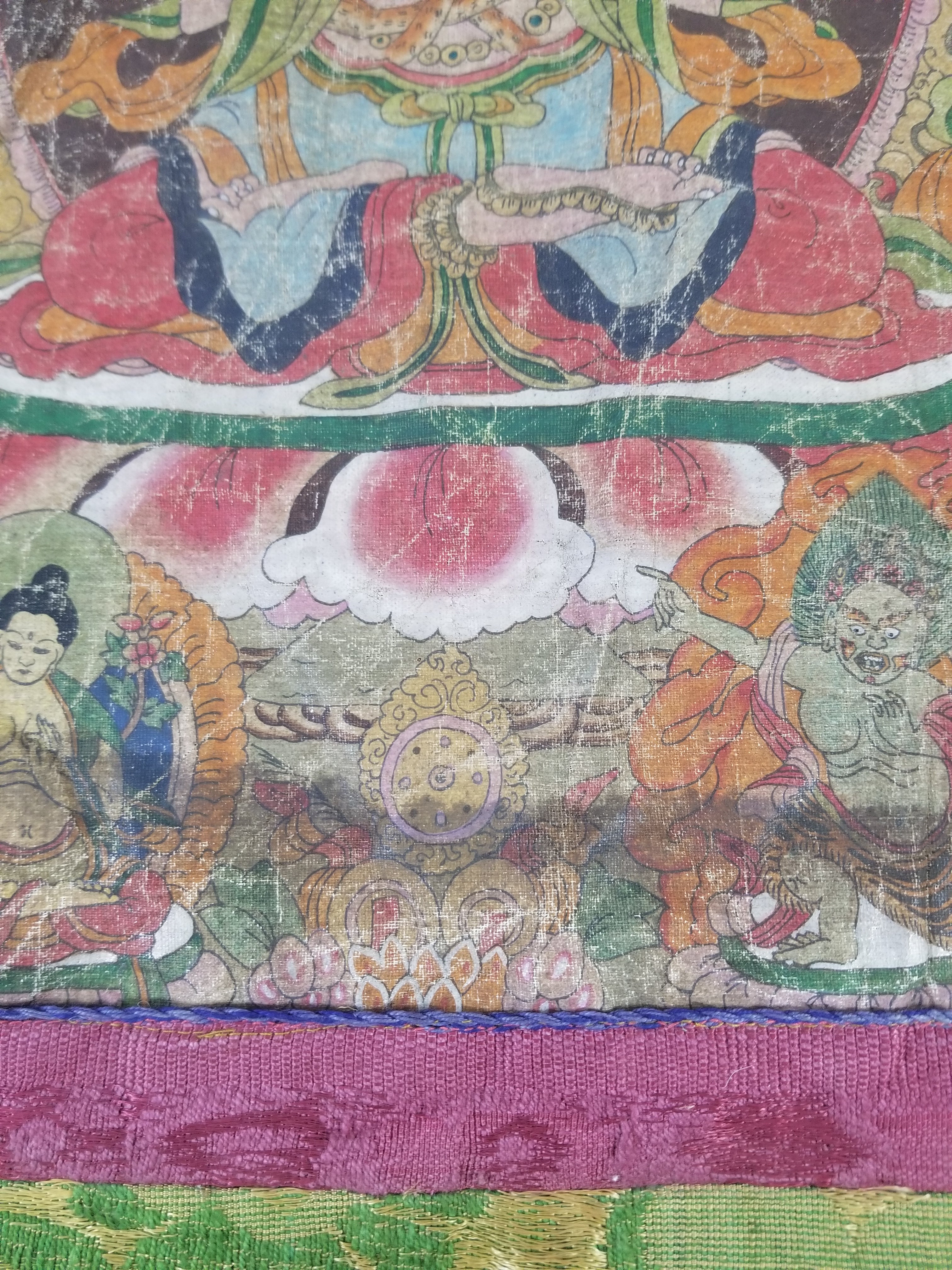 Antique Tibetan Buddhist Thangka Printed & Silk Brocade Wall Hanging 68x39cm