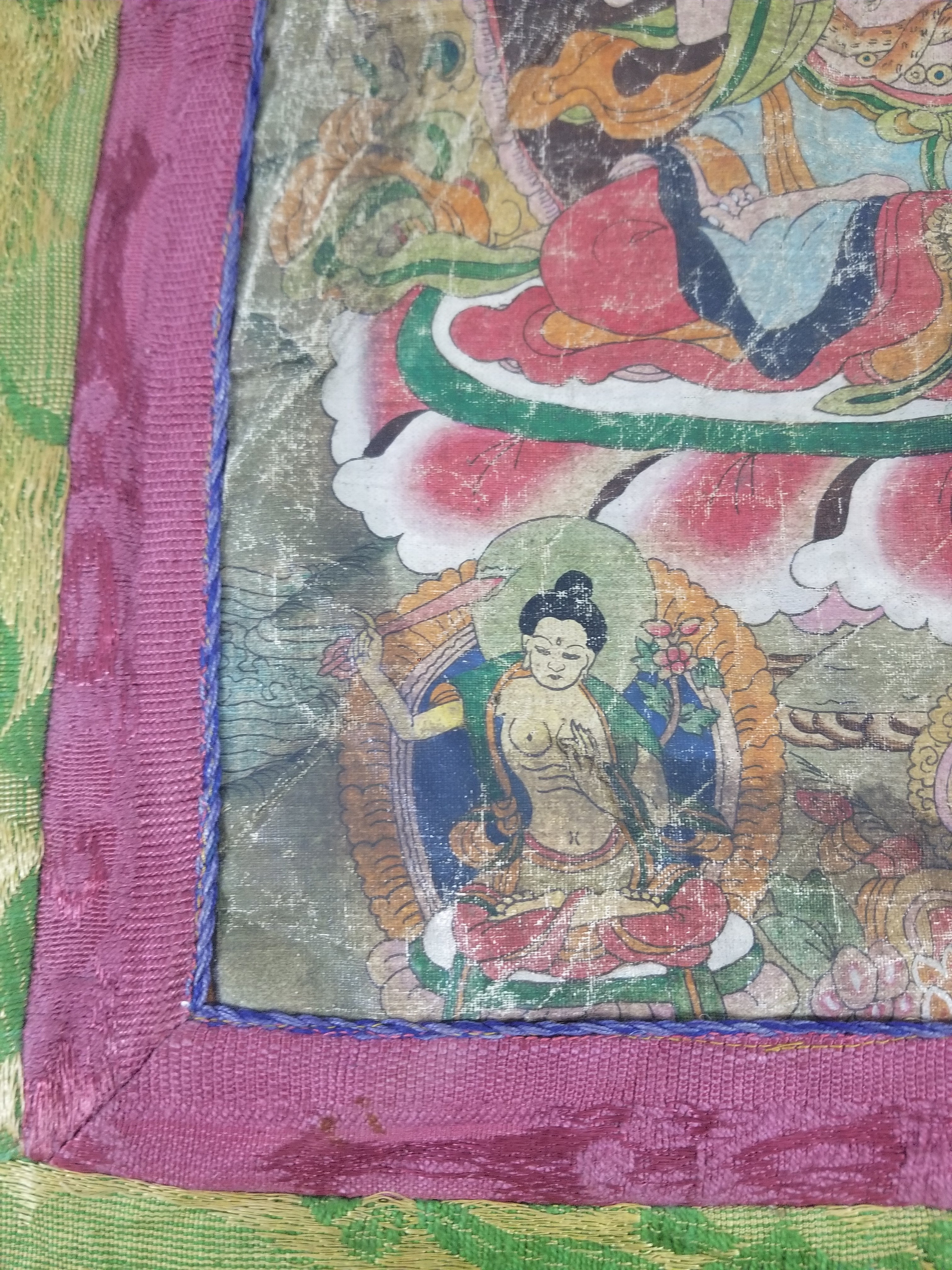 Antique Tibetan Buddhist Thangka Printed & Silk Brocade Wall Hanging 68x39cm