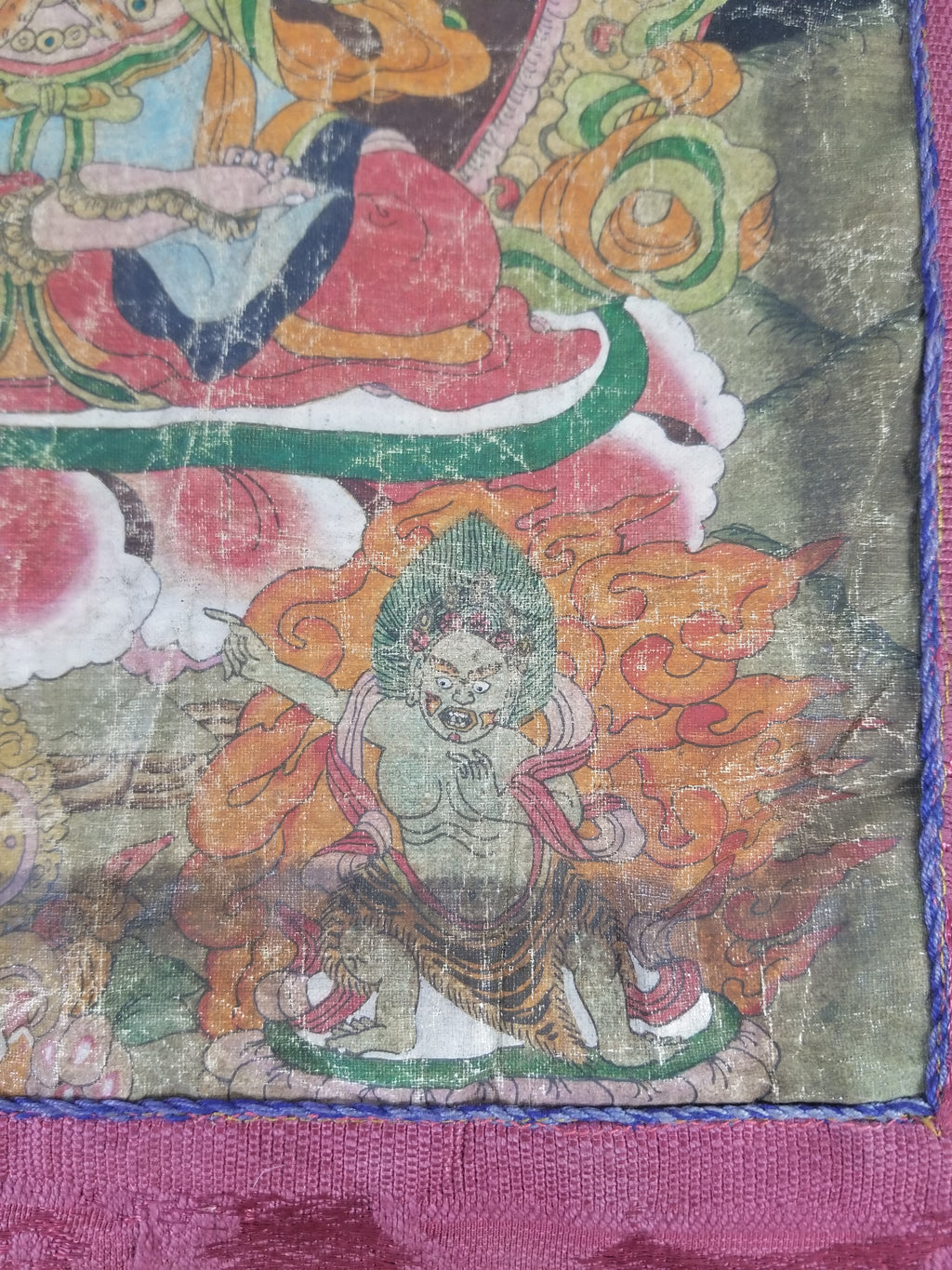 Antique Tibetan Buddhist Thangka Printed & Silk Brocade Wall Hanging 68x39cm