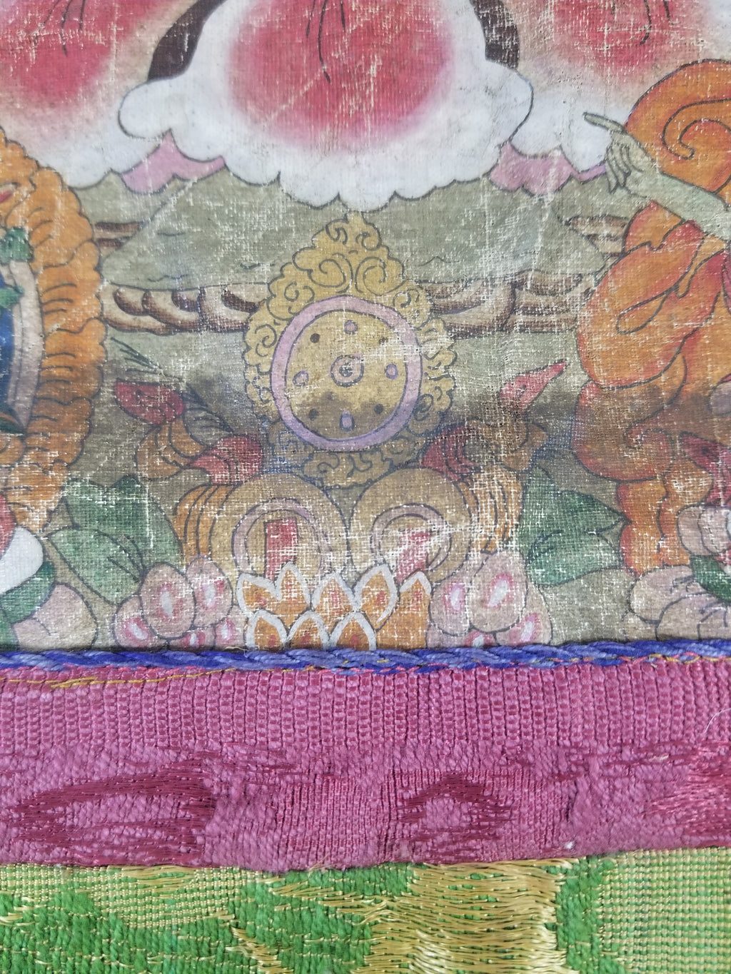 Antique Tibetan Buddhist Thangka Printed & Silk Brocade Wall Hanging 68x39cm