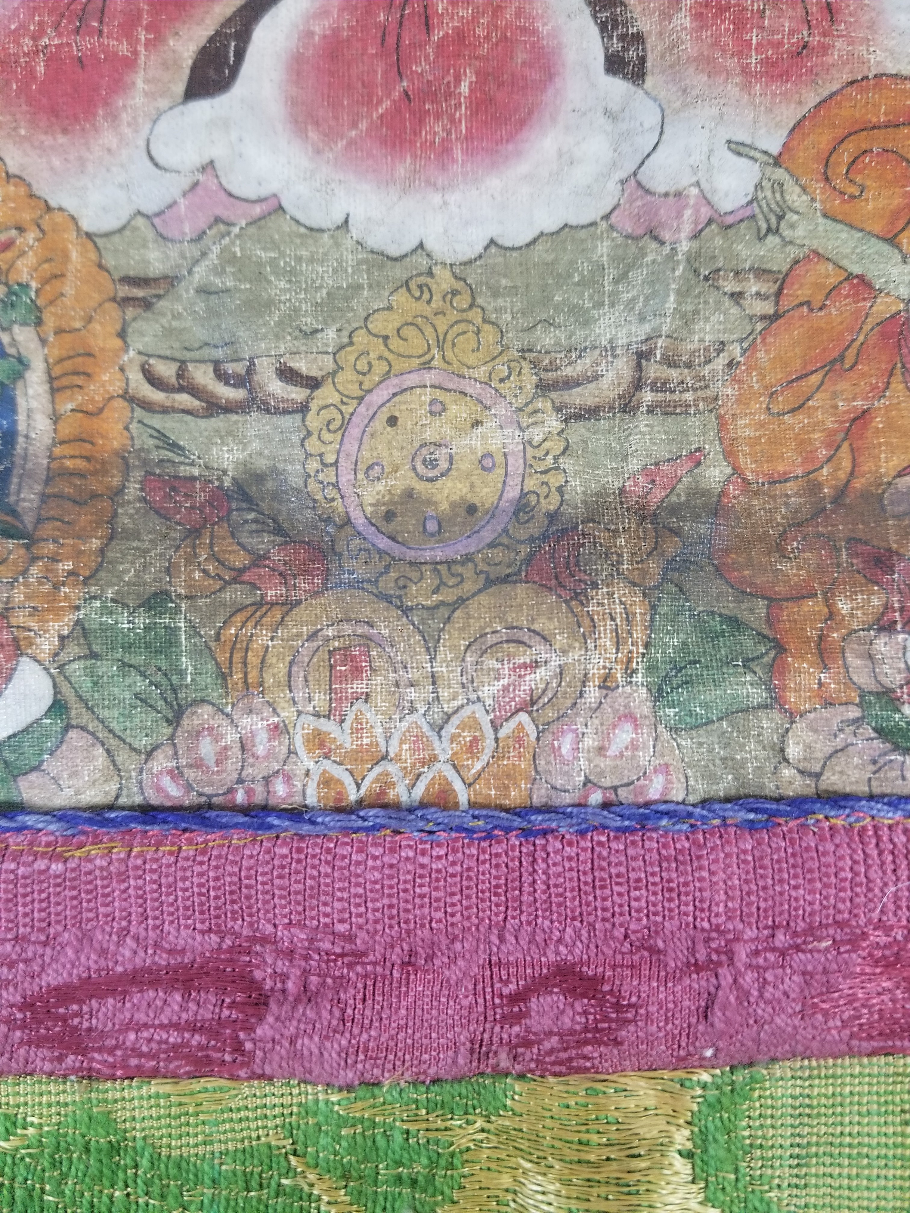 Antique Tibetan Buddhist Thangka Printed & Silk Brocade Wall Hanging 68x39cm