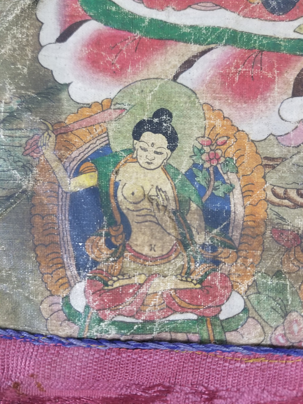 Antique Tibetan Buddhist Thangka Printed & Silk Brocade Wall Hanging 68x39cm