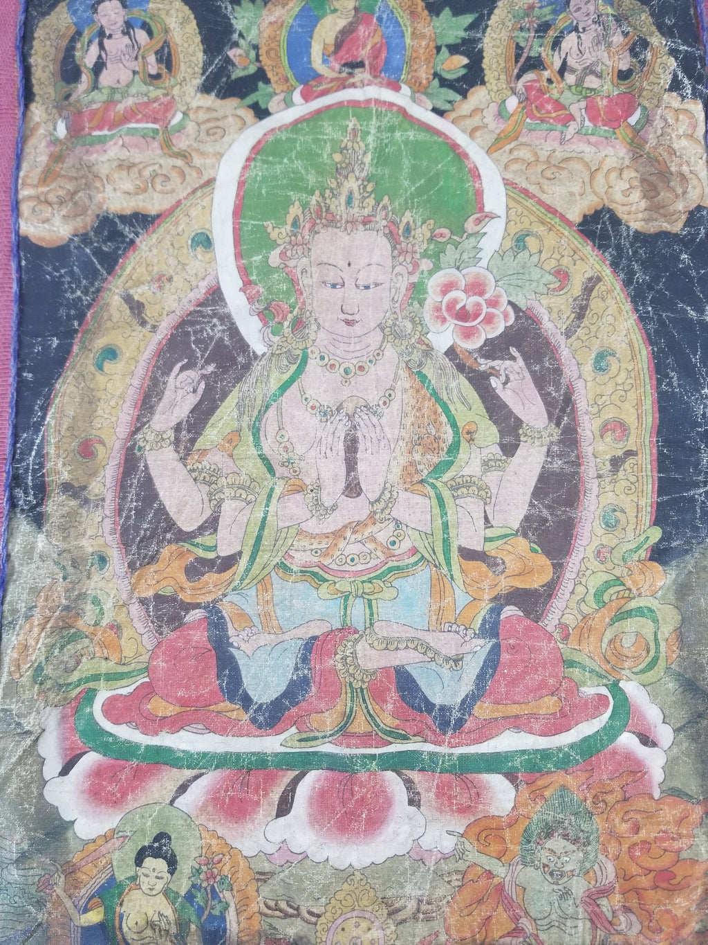 Antique Tibetan Buddhist Thangka Printed & Silk Brocade Wall Hanging 68x39cm