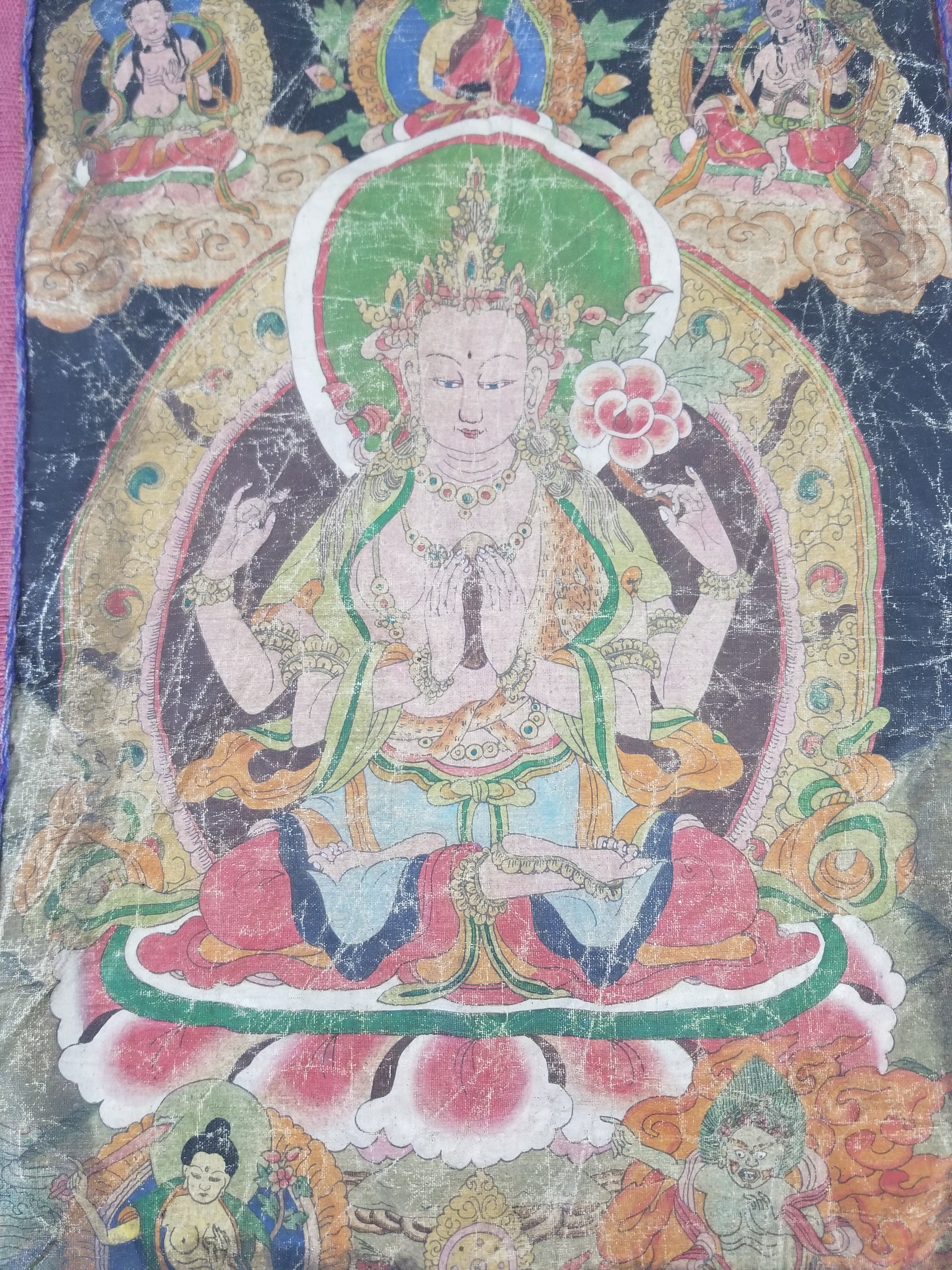 Antique Tibetan Buddhist Thangka Printed & Silk Brocade Wall Hanging 68x39cm
