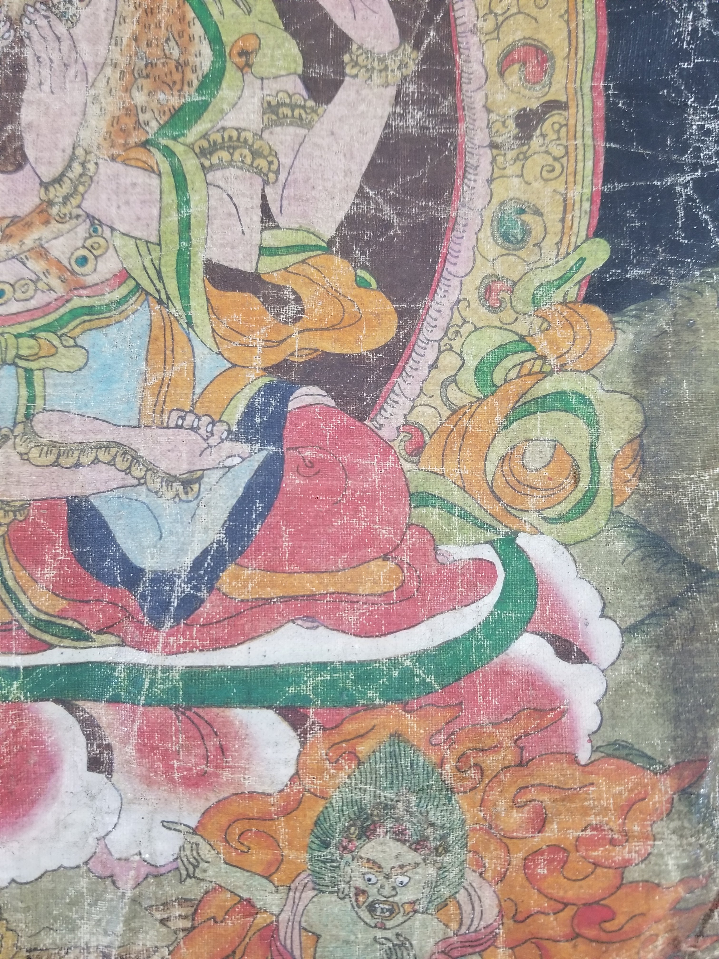 Antique Tibetan Buddhist Thangka Printed & Silk Brocade Wall Hanging 68x39cm