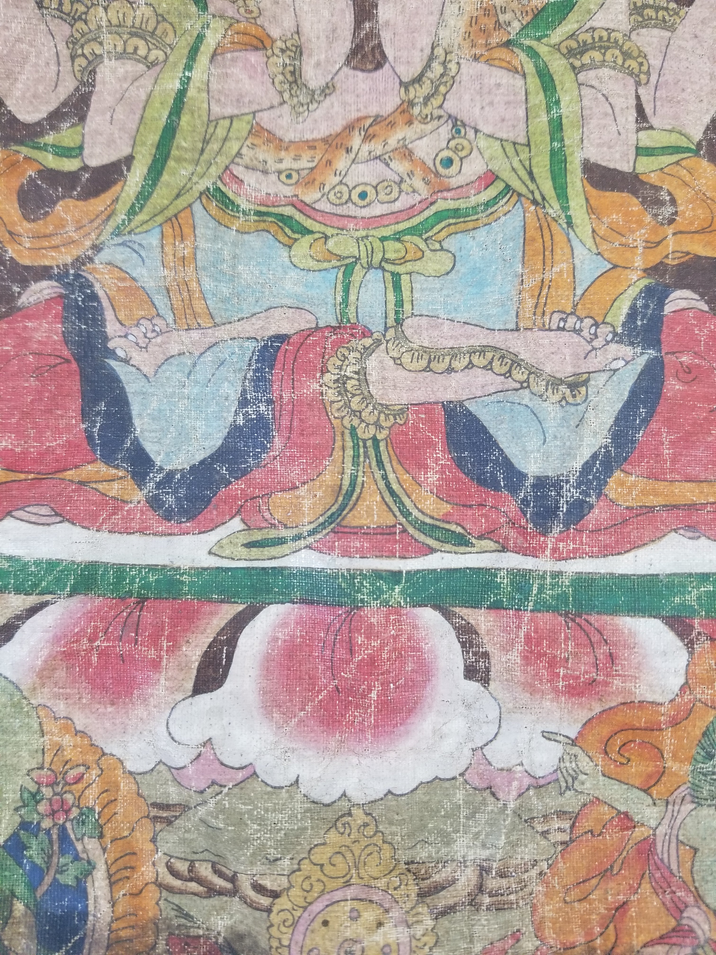 Antique Tibetan Buddhist Thangka Printed & Silk Brocade Wall Hanging 68x39cm