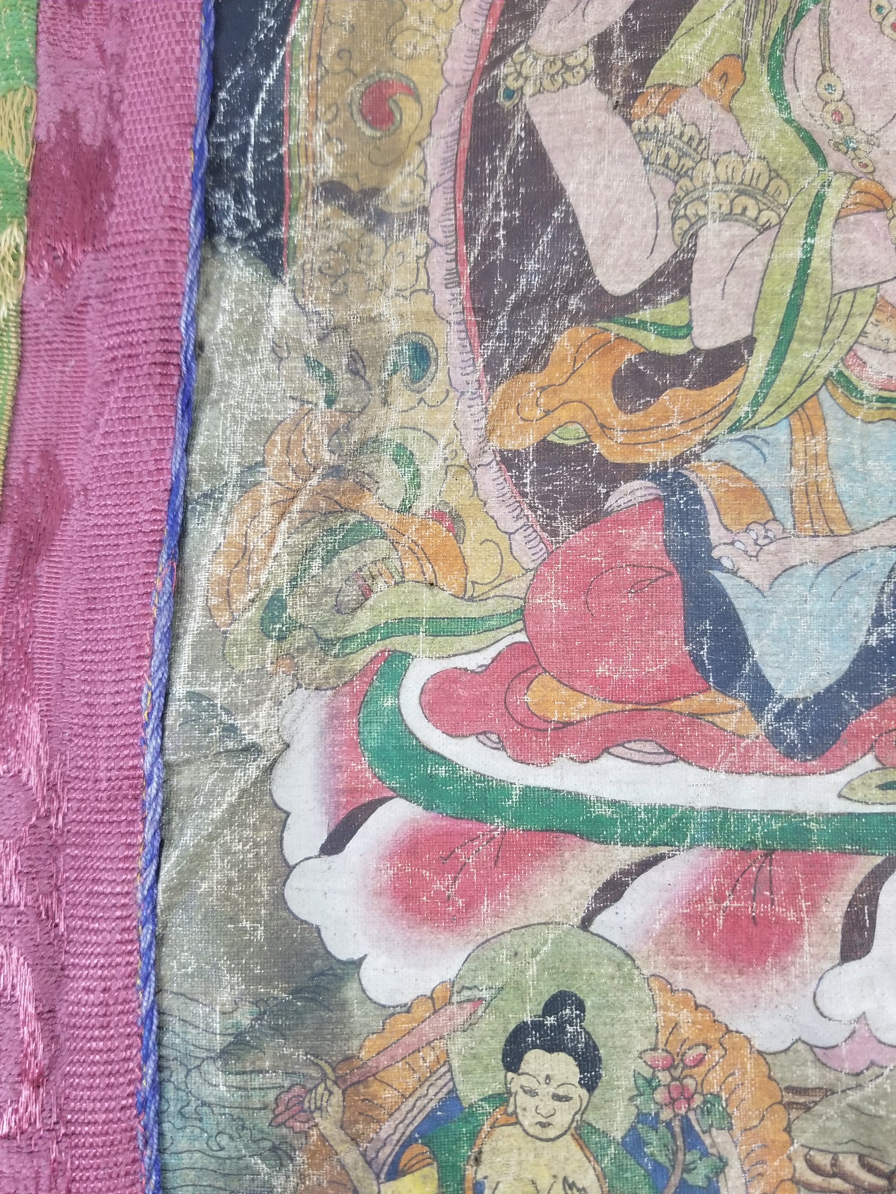 Antique Tibetan Buddhist Thangka Printed & Silk Brocade Wall Hanging 68x39cm