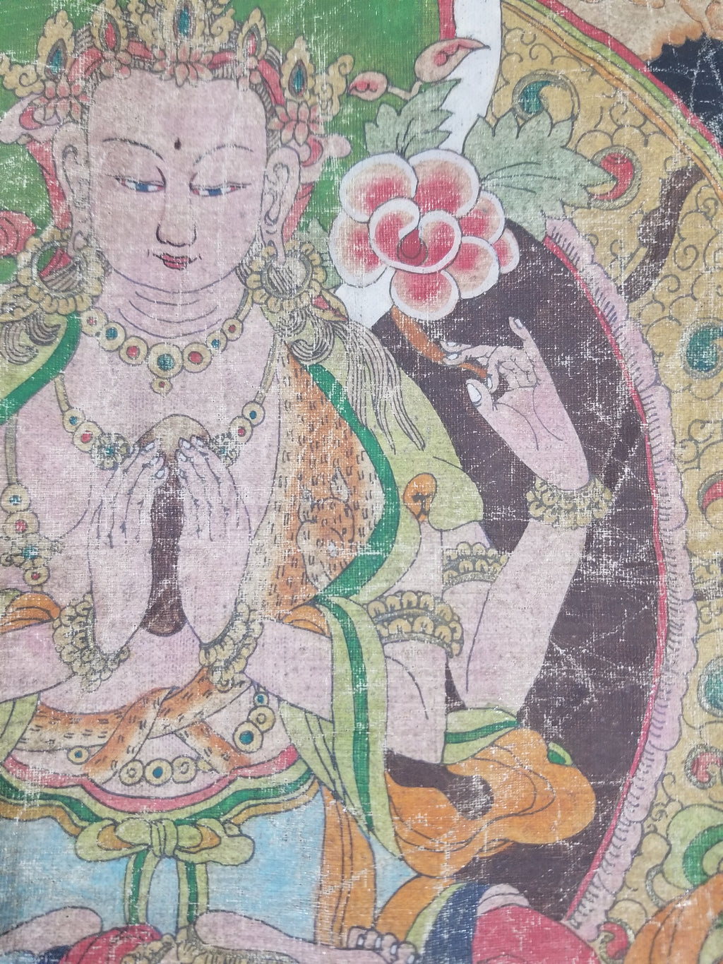 Antique Tibetan Buddhist Thangka Printed & Silk Brocade Wall Hanging 68x39cm