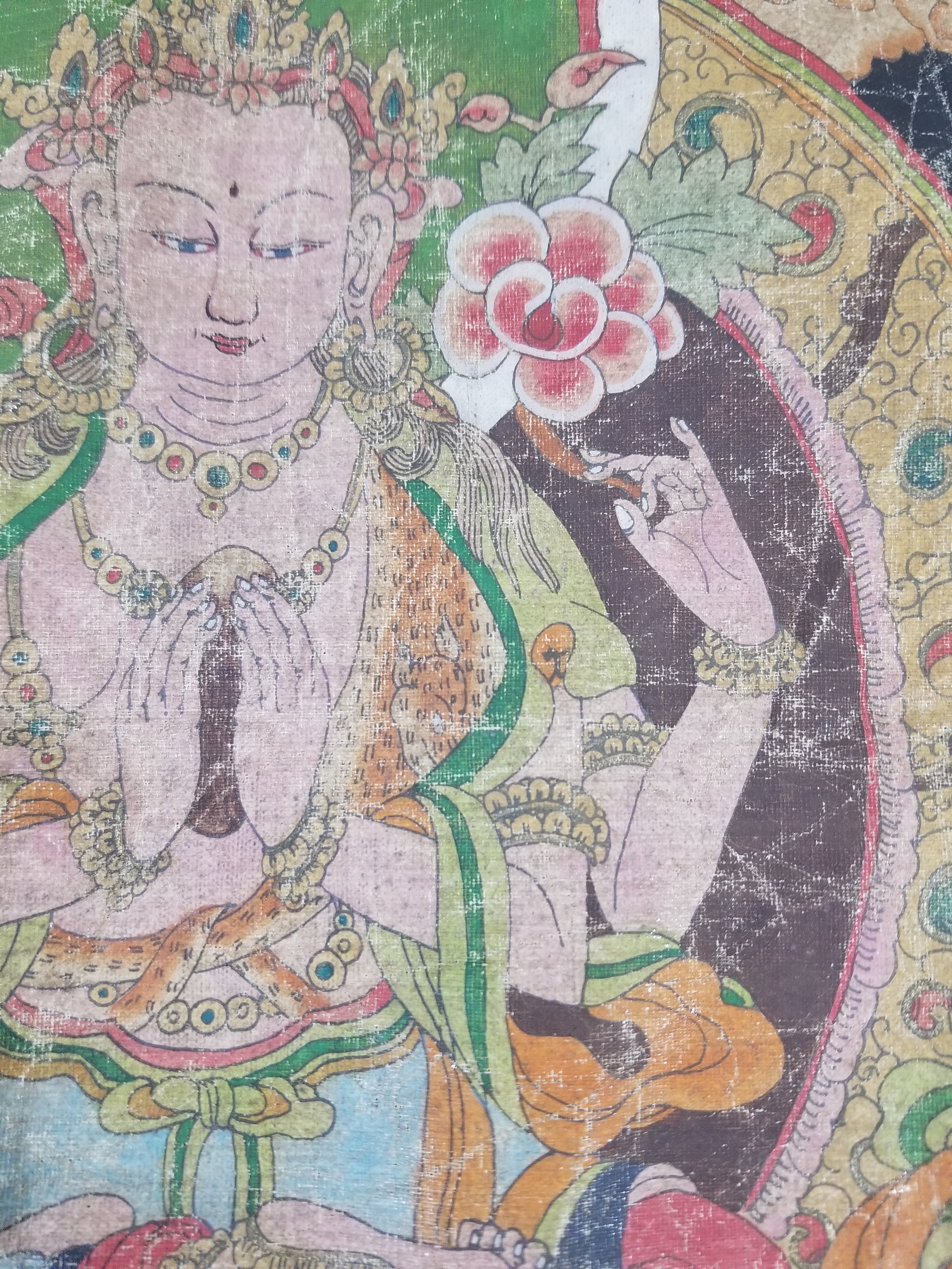Antique Tibetan Buddhist Thangka Printed & Silk Brocade Wall Hanging 68x39cm