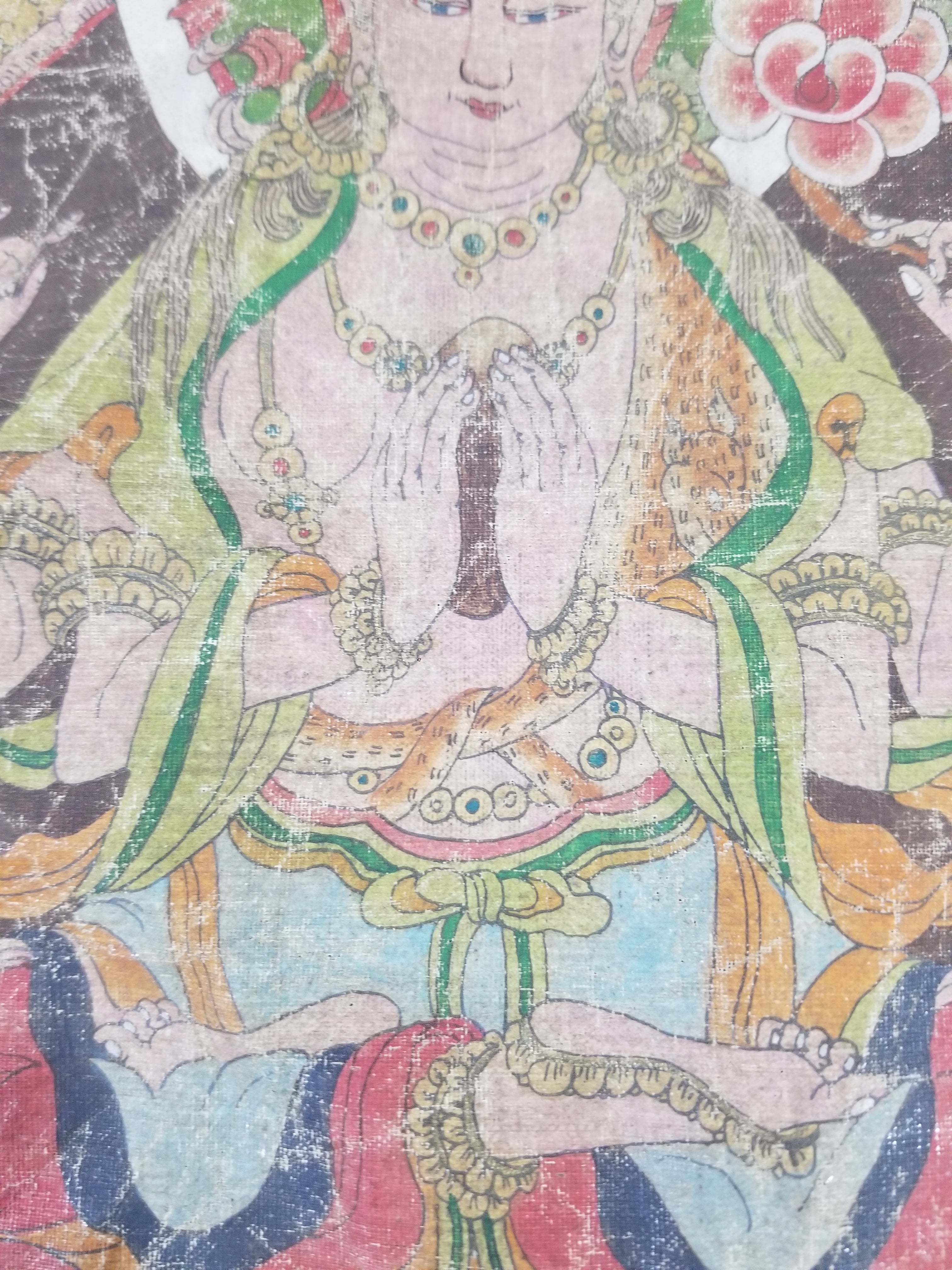 Antique Tibetan Buddhist Thangka Printed & Silk Brocade Wall Hanging 68x39cm