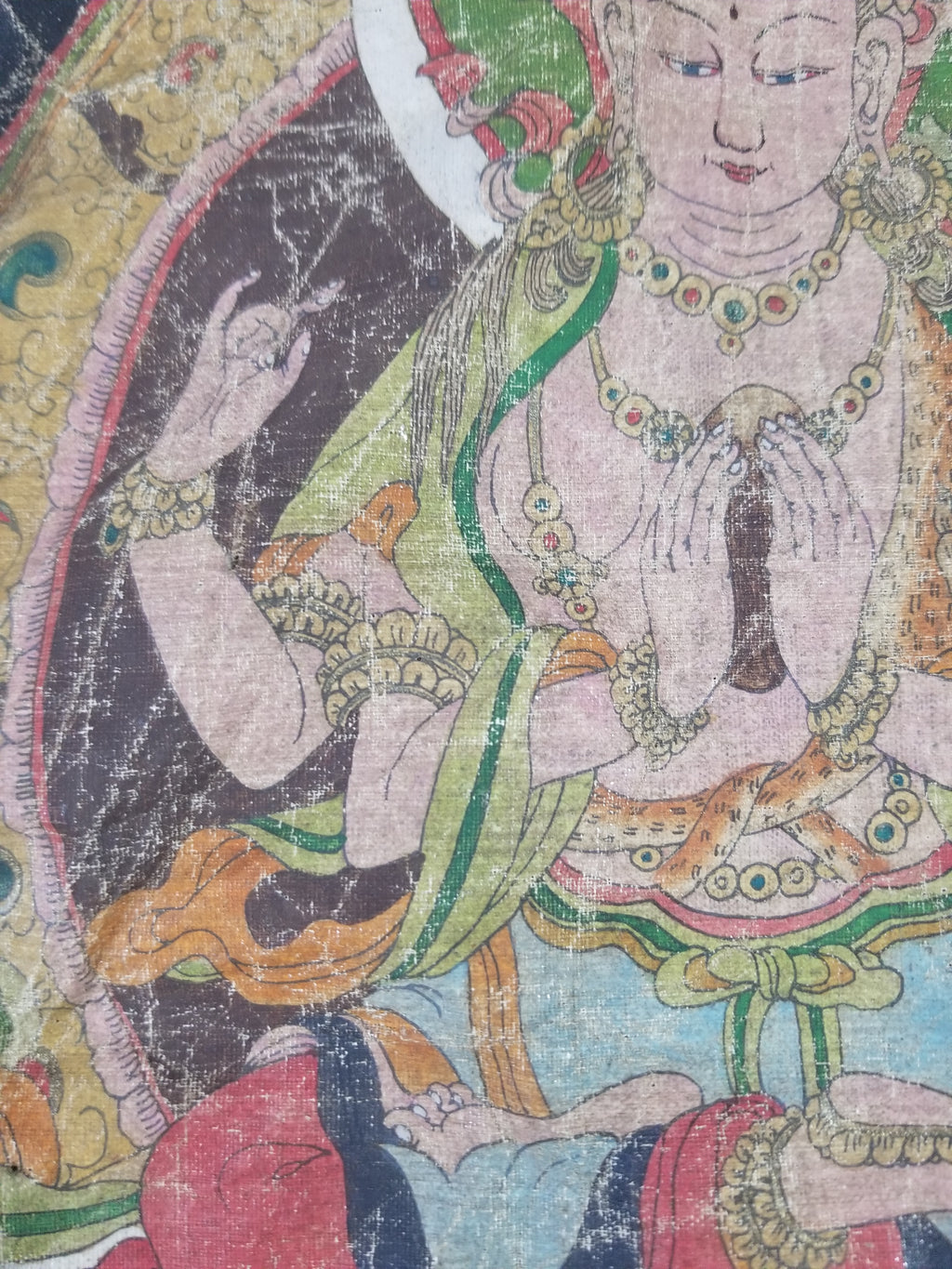 Antique Tibetan Buddhist Thangka Printed & Silk Brocade Wall Hanging 68x39cm