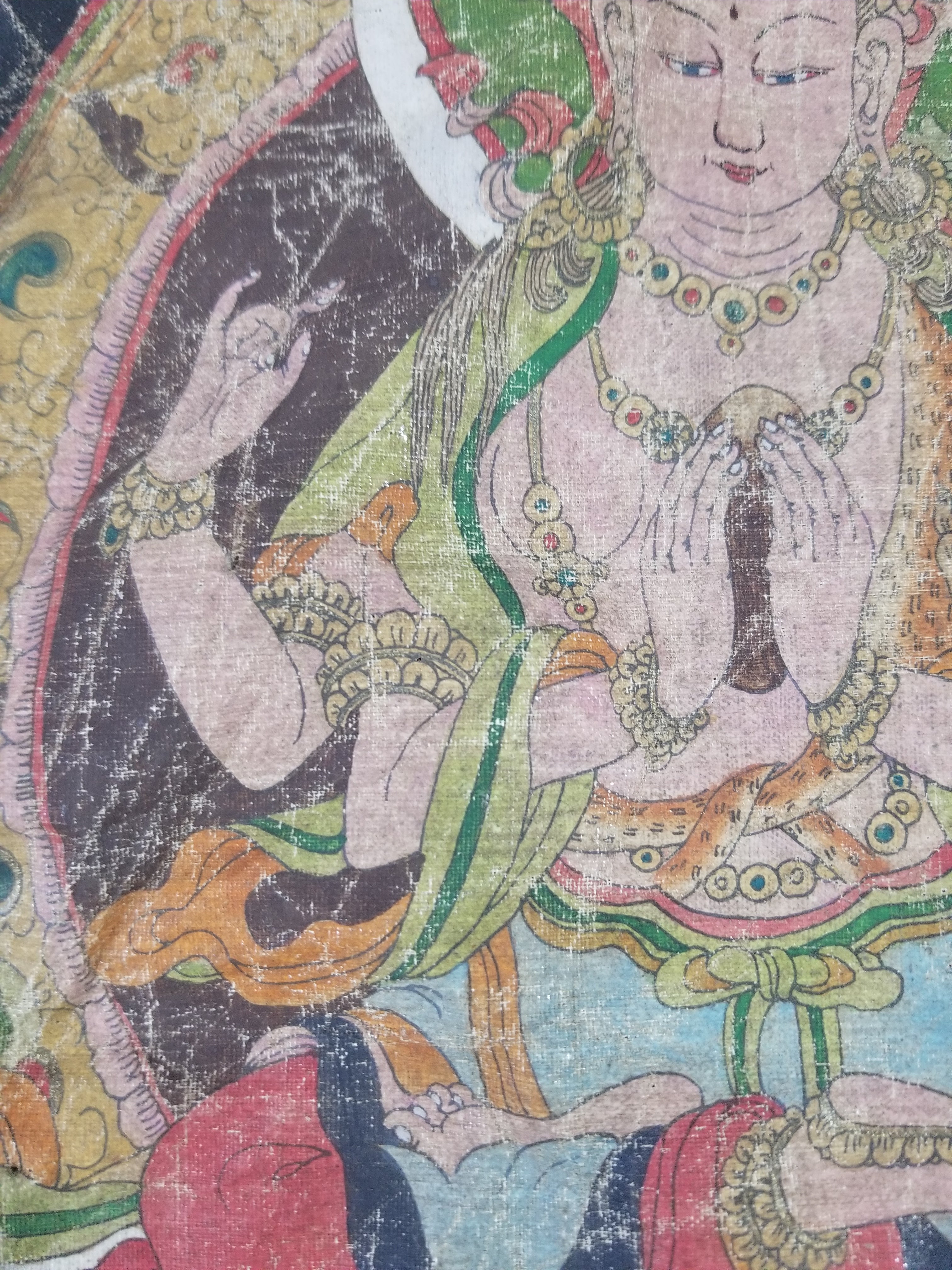 Antique Tibetan Buddhist Thangka Printed & Silk Brocade Wall Hanging 68x39cm