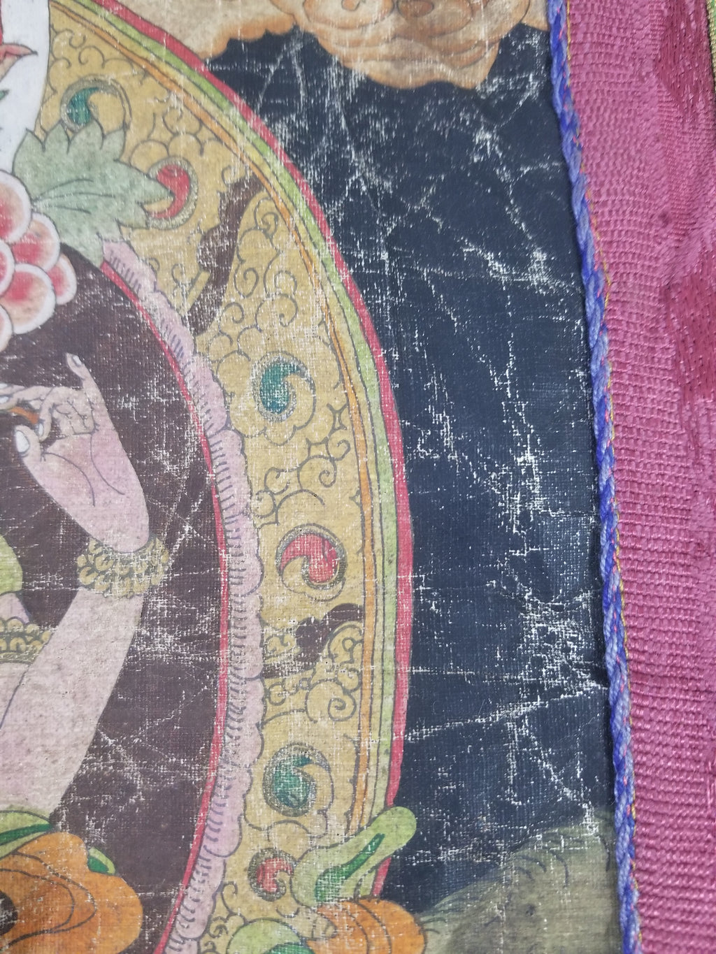 Antique Tibetan Buddhist Thangka Printed & Silk Brocade Wall Hanging 68x39cm