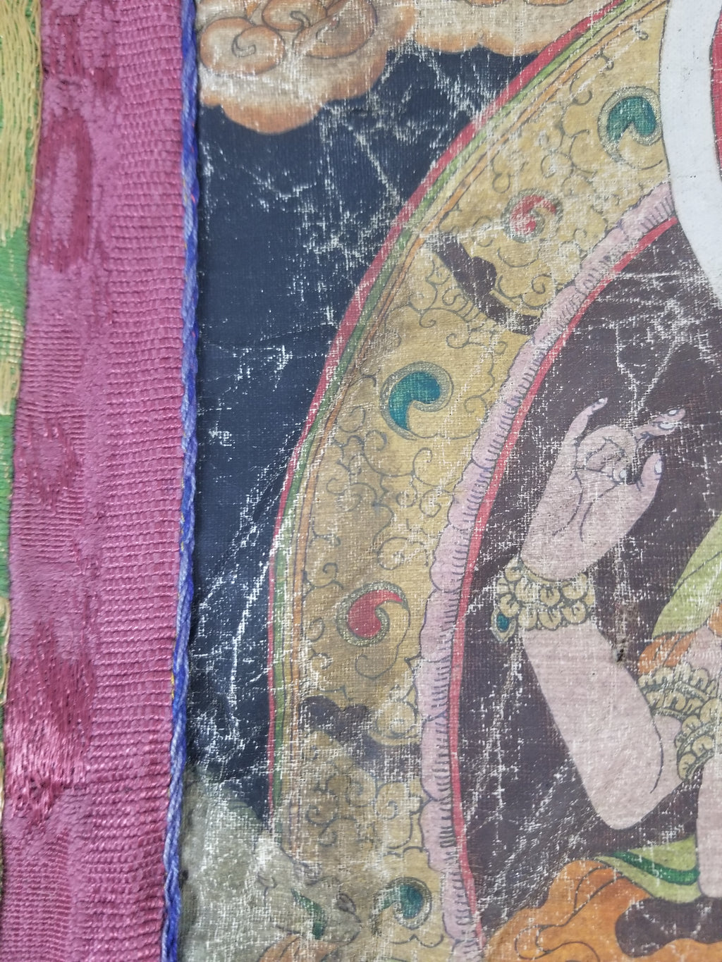 Antique Tibetan Buddhist Thangka Printed & Silk Brocade Wall Hanging 68x39cm