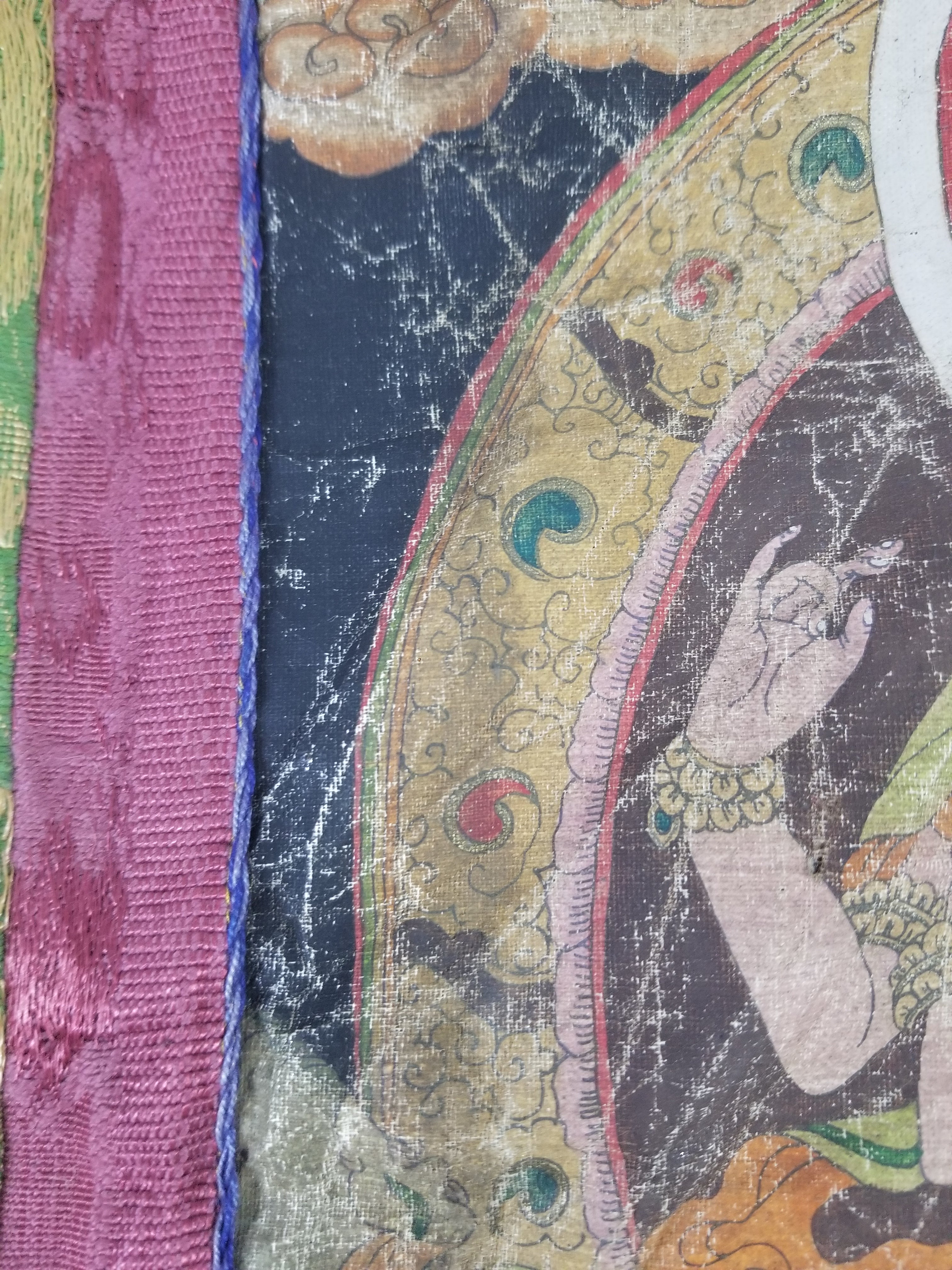 Antique Tibetan Buddhist Thangka Printed & Silk Brocade Wall Hanging 68x39cm