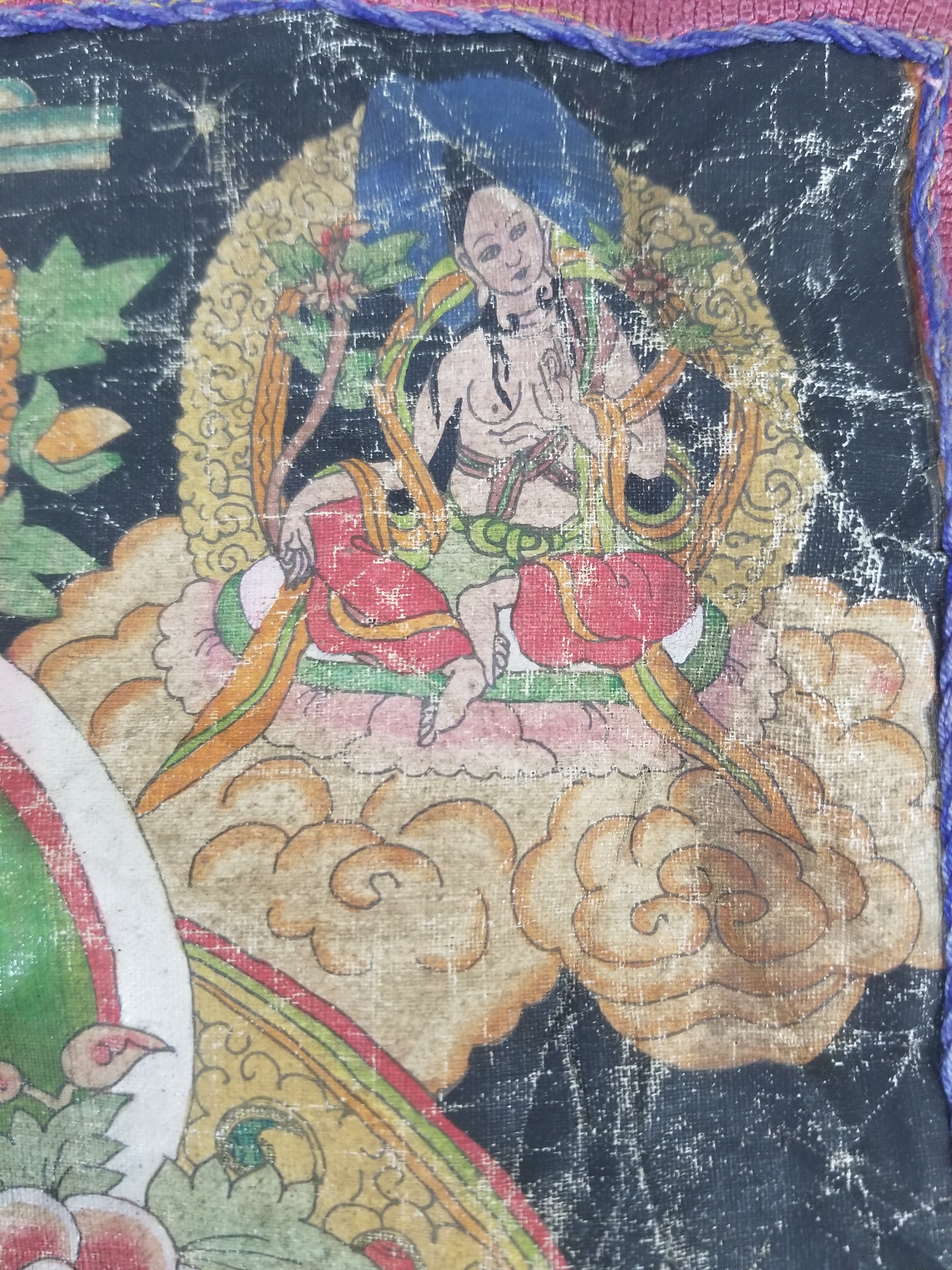 Antique Tibetan Buddhist Thangka Printed & Silk Brocade Wall Hanging 68x39cm