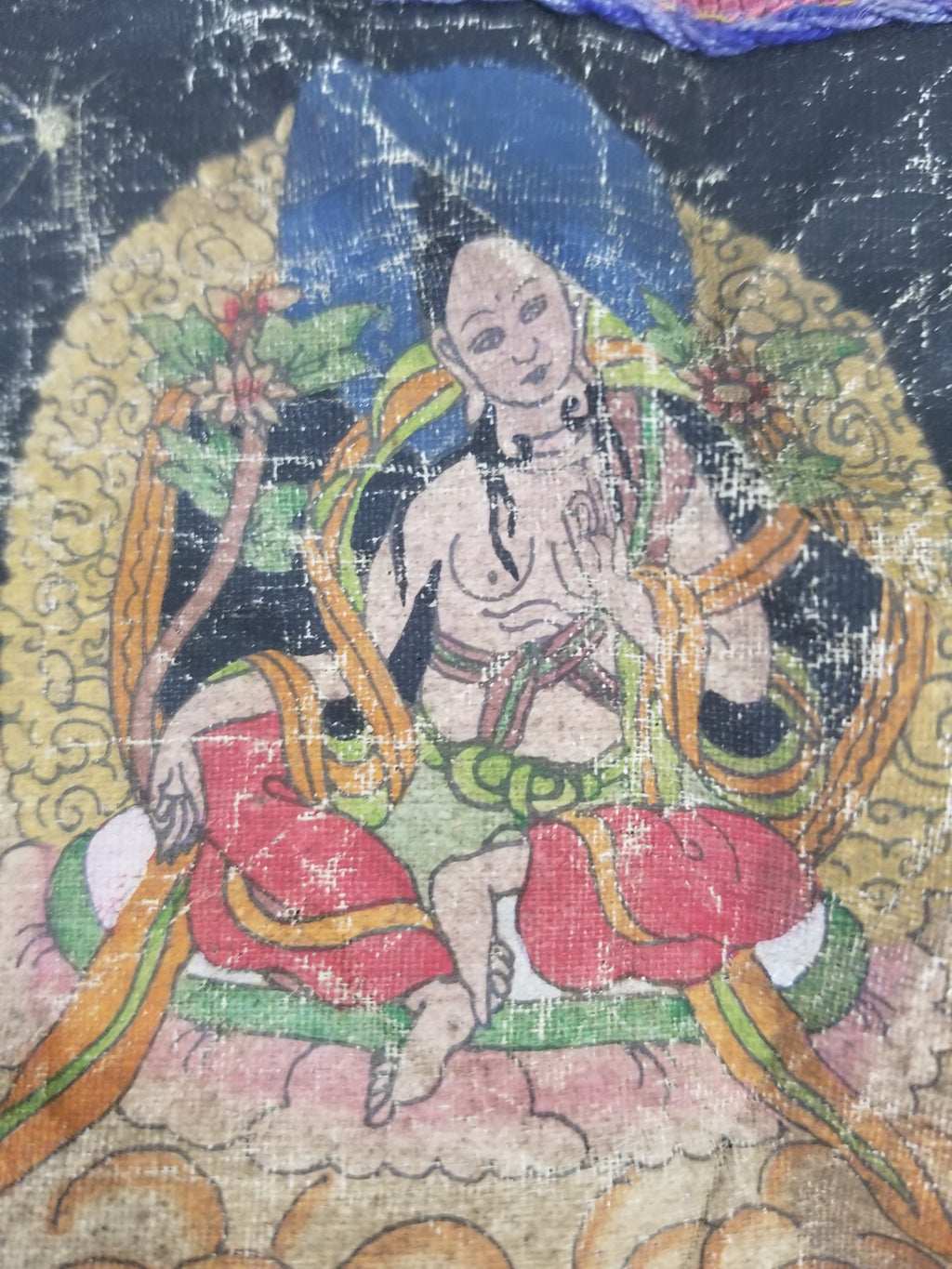 Antique Tibetan Buddhist Thangka Printed & Silk Brocade Wall Hanging 68x39cm