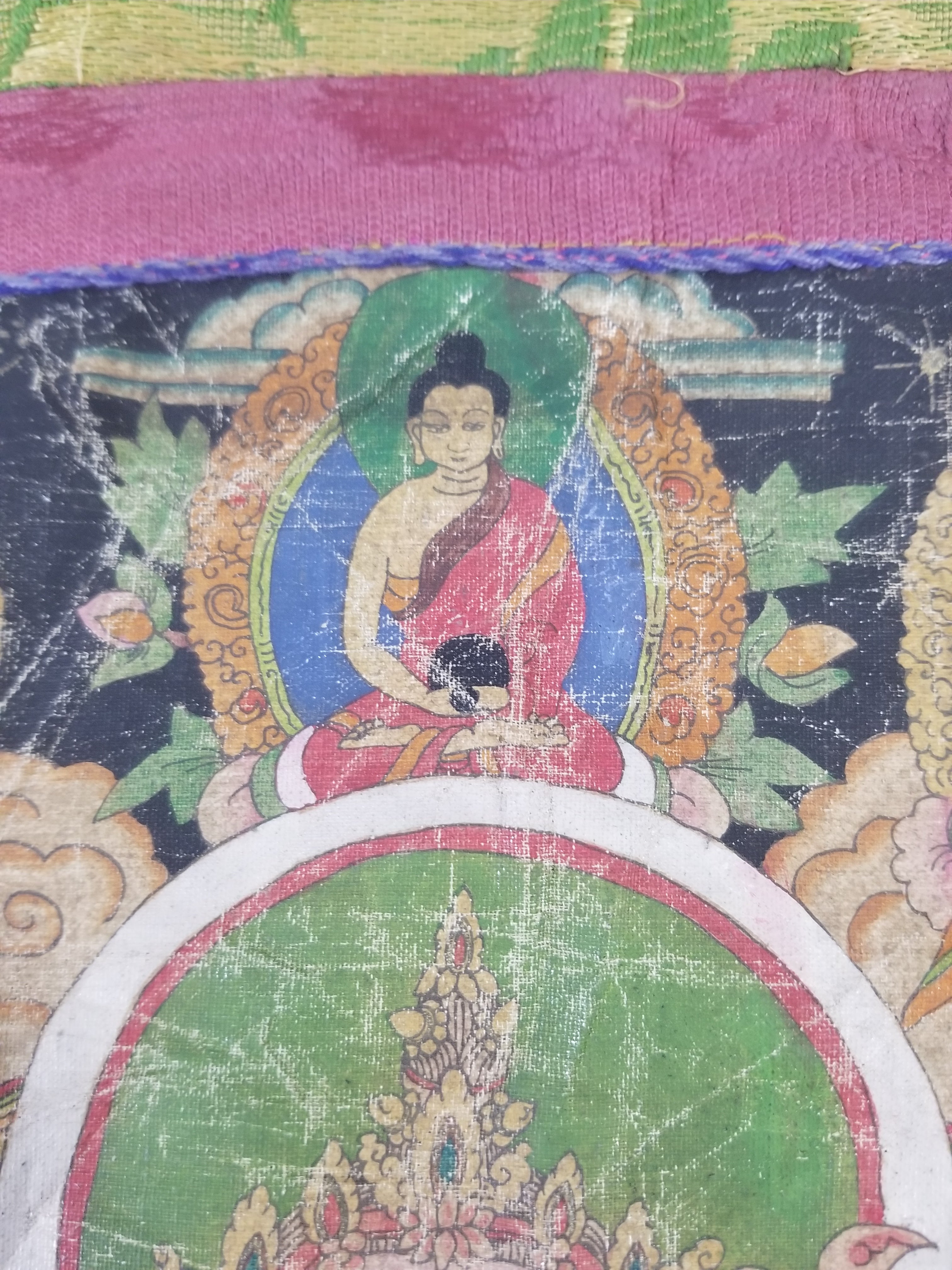Antique Tibetan Buddhist Thangka Printed & Silk Brocade Wall Hanging 68x39cm