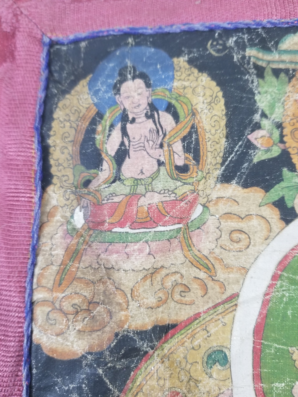 Antique Tibetan Buddhist Thangka Printed & Silk Brocade Wall Hanging 68x39cm