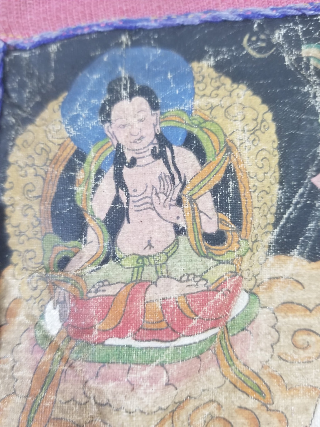 Antique Tibetan Buddhist Thangka Printed & Silk Brocade Wall Hanging 68x39cm