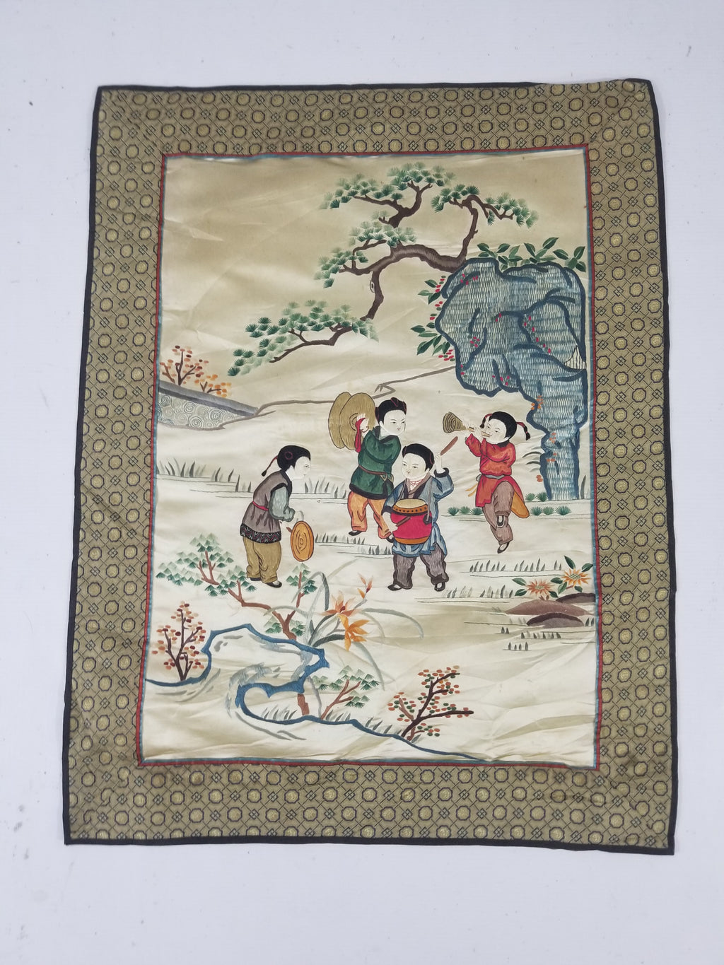Vintage Chinese Silk Embroidered Children Playing Scene Tapestry 66x50cm