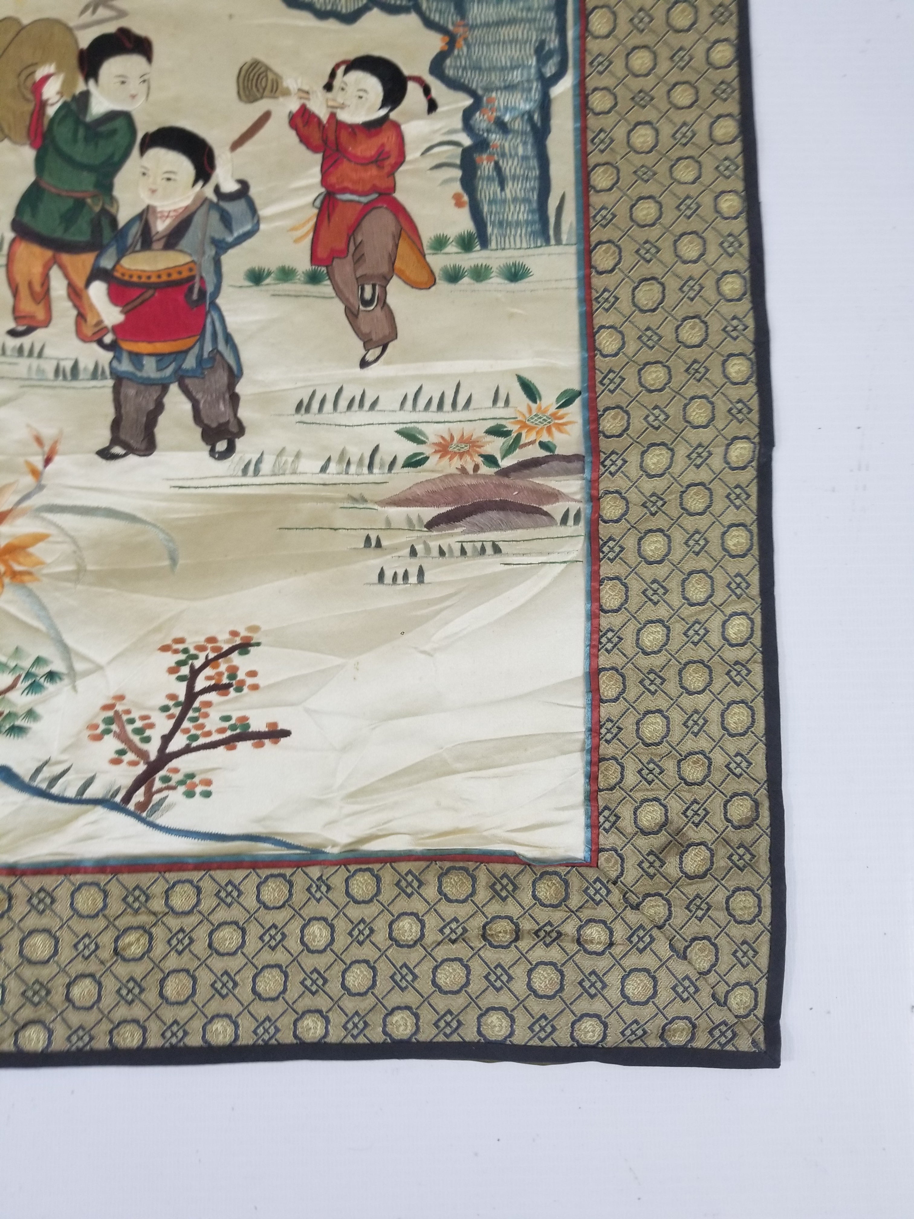 Vintage Chinese Silk Embroidered Children Playing Scene Tapestry 66x50cm