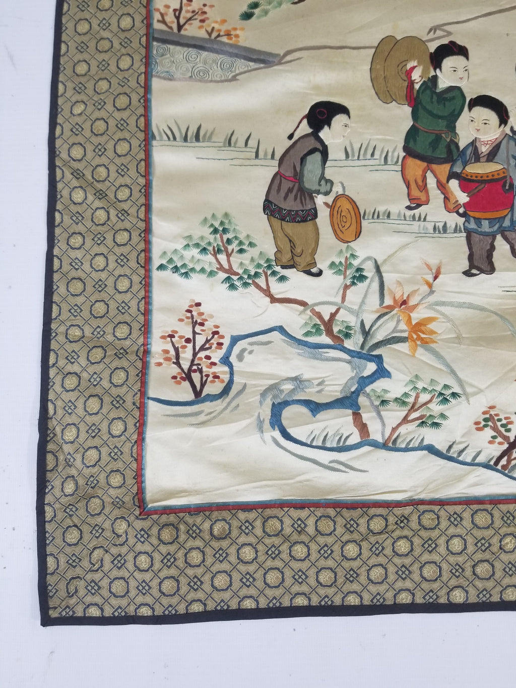 Vintage Chinese Silk Embroidered Children Playing Scene Tapestry 66x50cm
