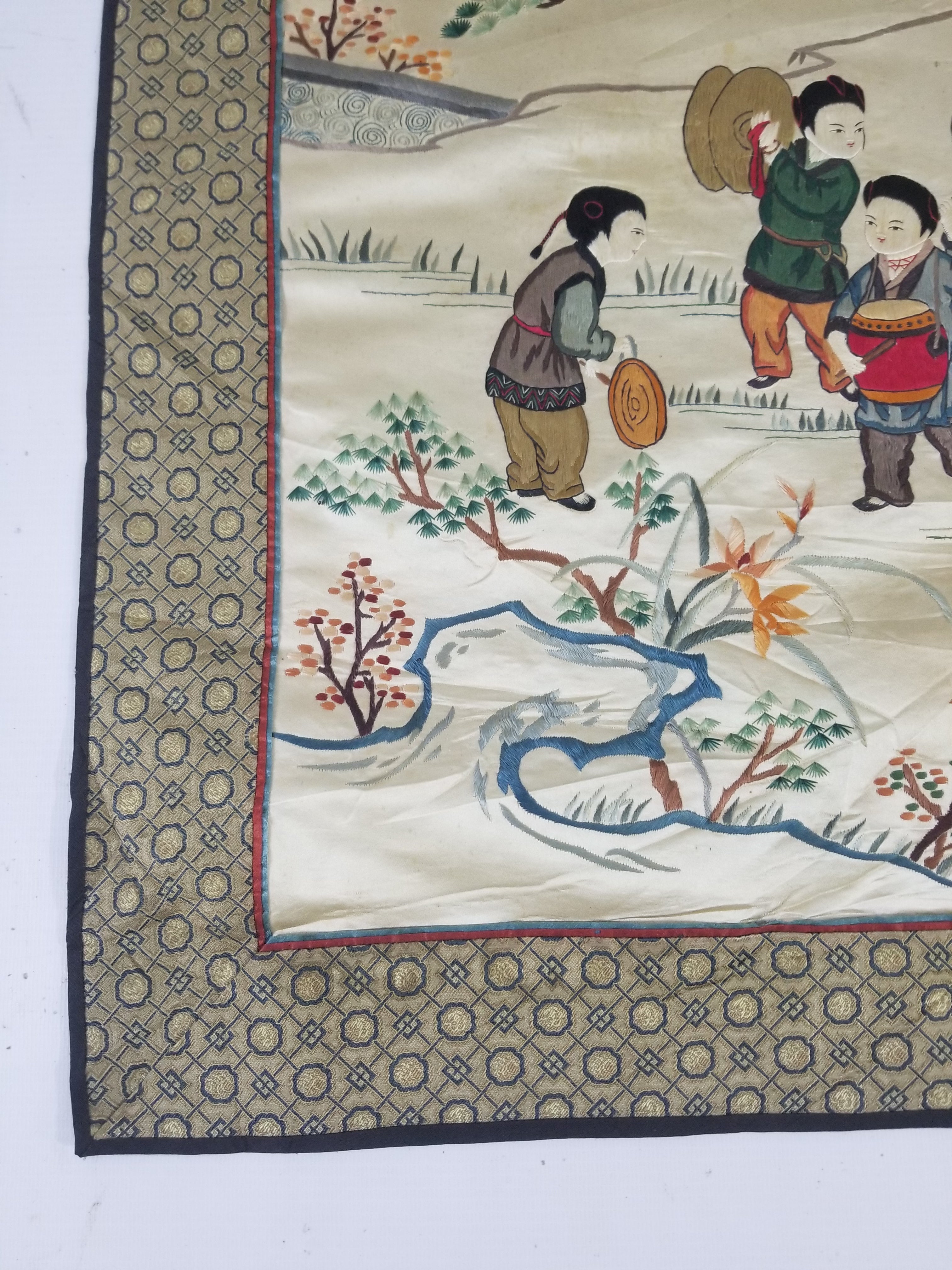 Vintage Chinese Silk Embroidered Children Playing Scene Tapestry 66x50cm