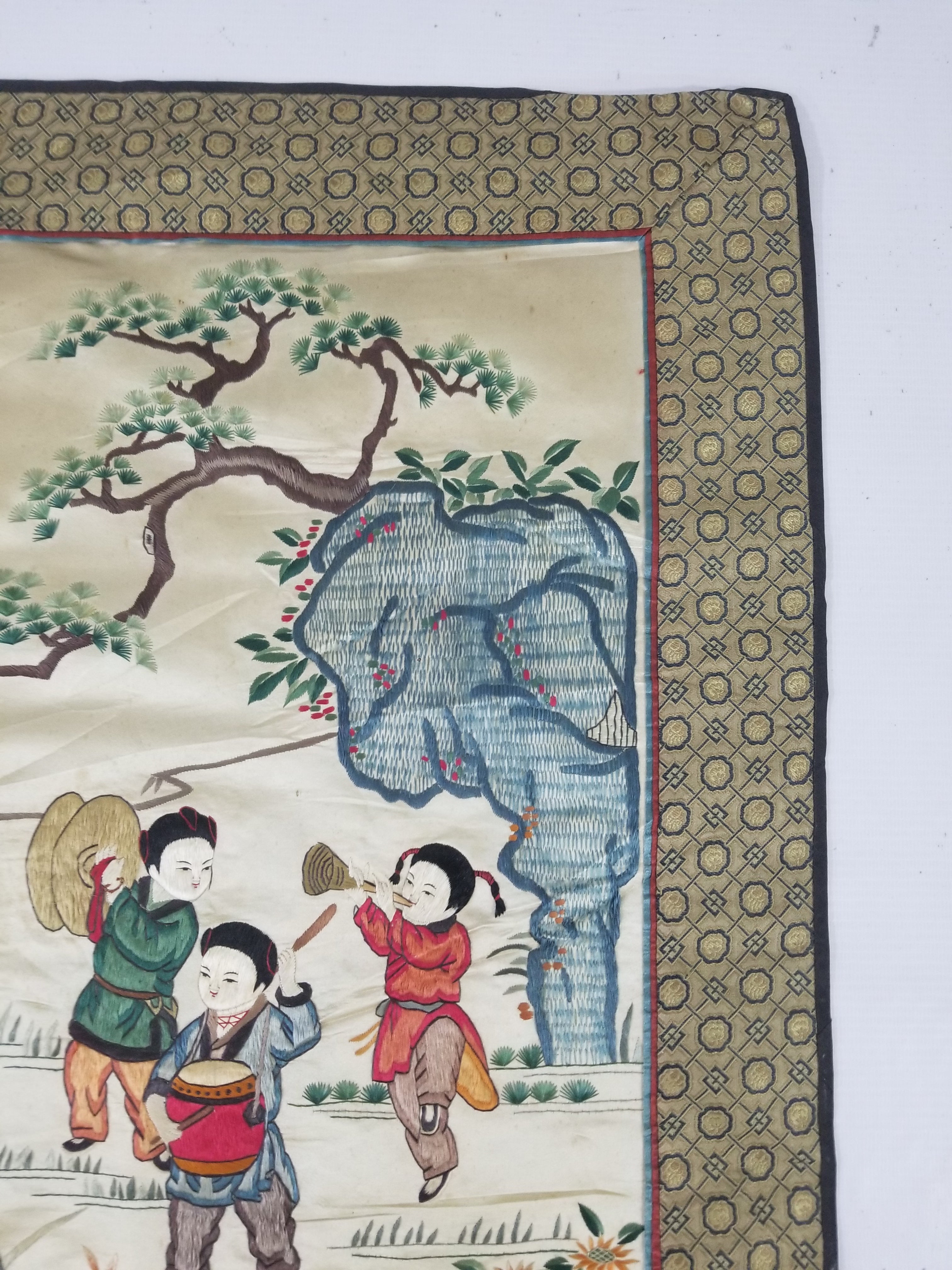 Vintage Chinese Silk Embroidered Children Playing Scene Tapestry 66x50cm